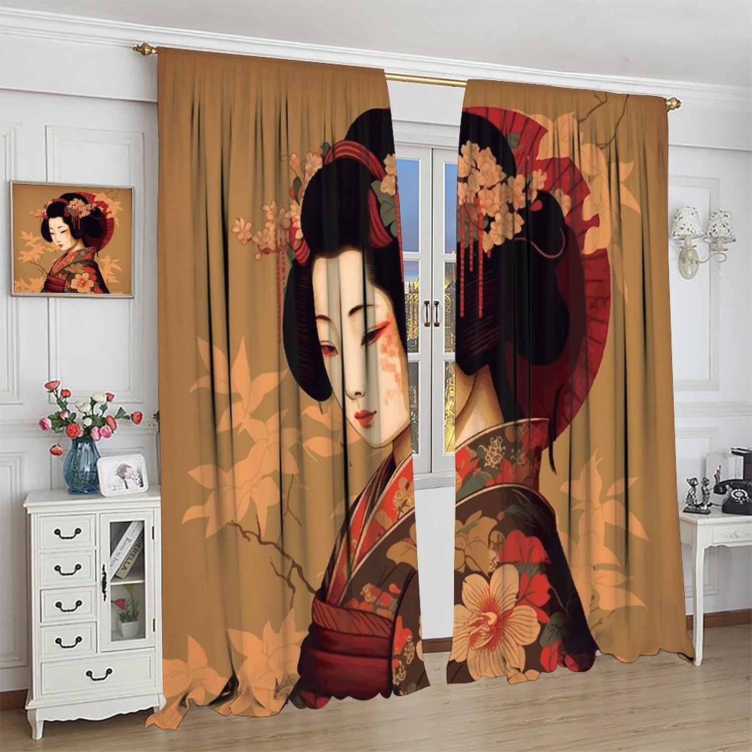 Cortina opaca japonesa de Geisha para niña, estilo tradicional con diseño de flor de cerezo, cortinas reductoras de ruido, bolsillo para barra, sala