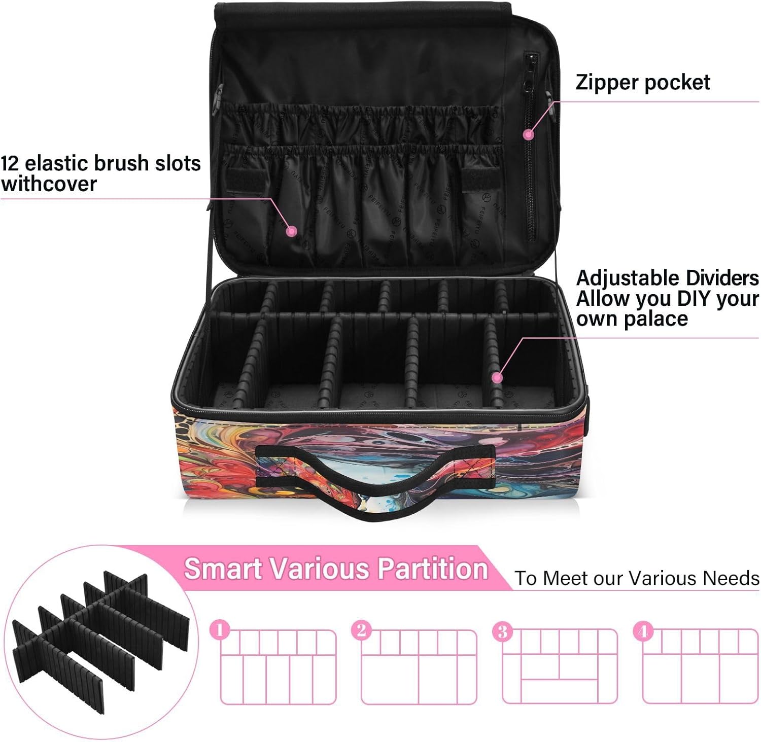 Bolsa de maquillaje de arte colorido para mujer, bolsa de maquillaje de viaje para cosméticos, bolsa de aseo con compartimentos grandes, bolsas de