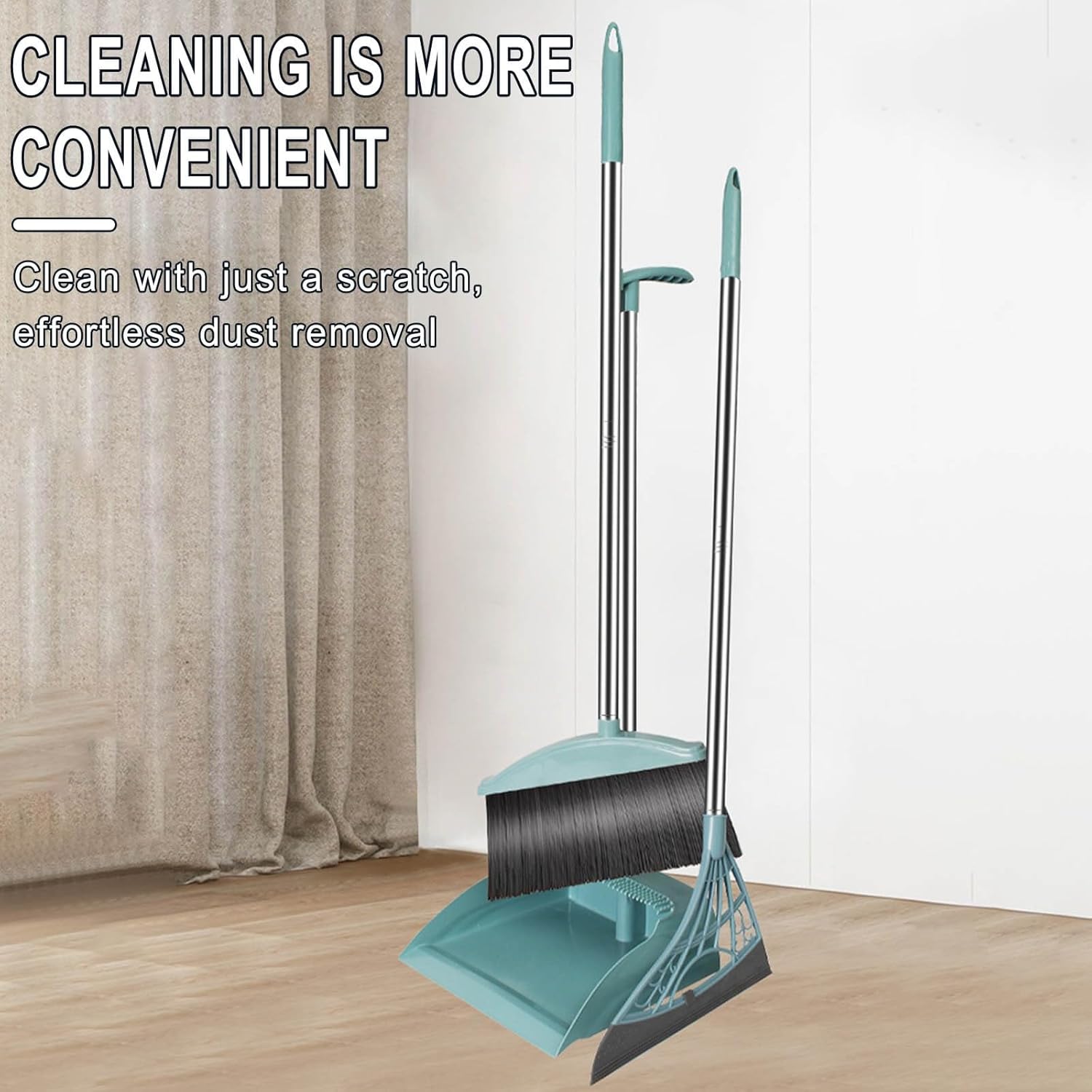 Brooms with Dustpan Squeegee Combo Set, Rotated 180 Degrees, Stainless Steel Handle for Kitchen Office Lobby Floor Hote
