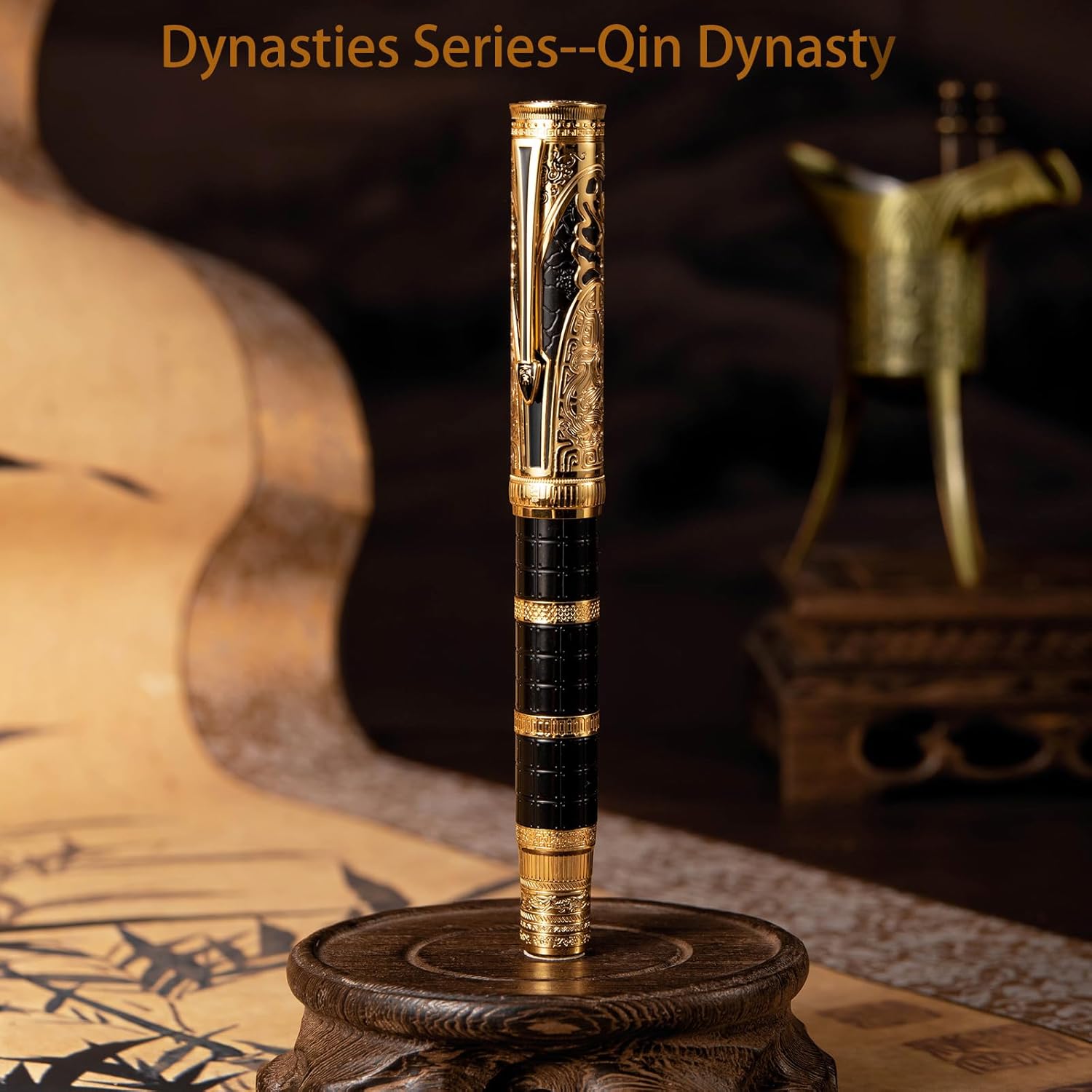 Hongdian D5 Pluma estilográfica Qin Dynasty Series 14K Gold Nib, pluma de lujo de pistón de estilo chino grabada para colección de escritura