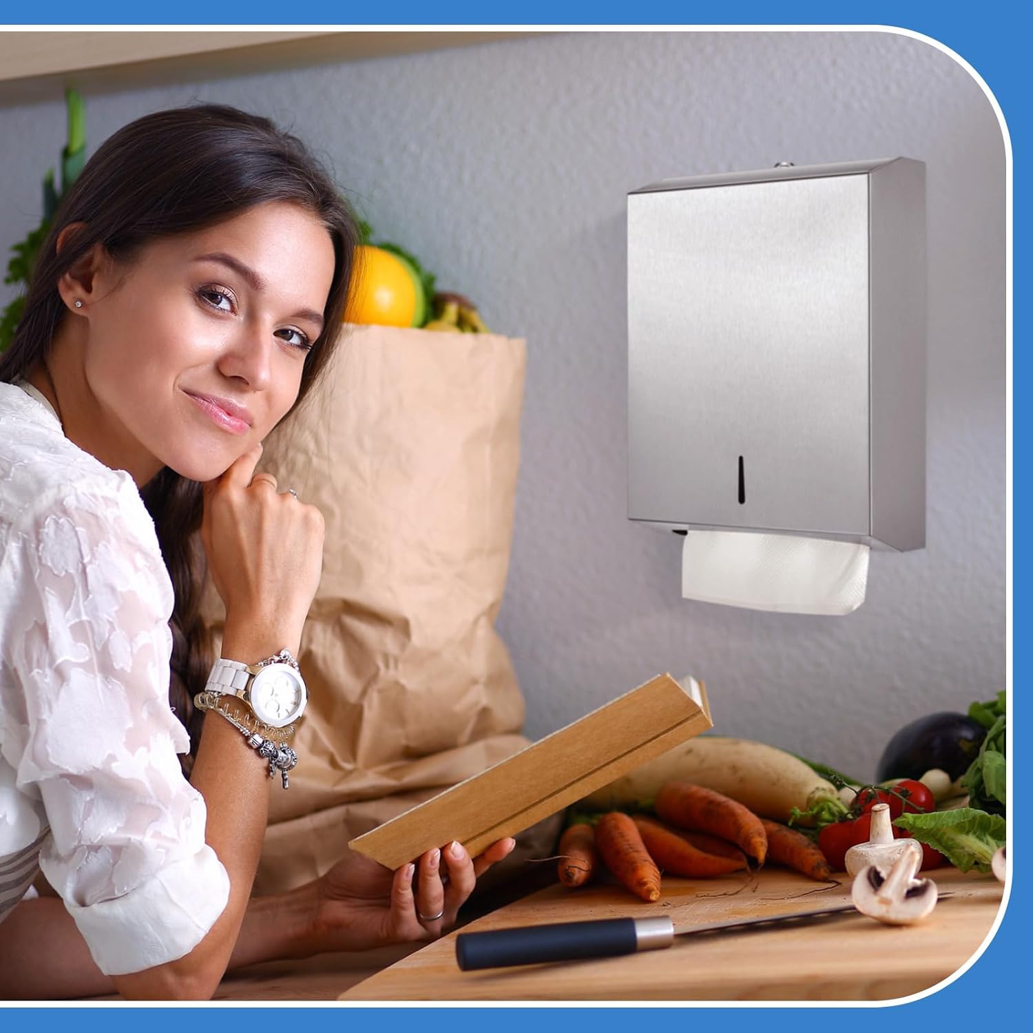 Mifoci Dispensador de toallas de papel de acero inoxidable montado en la pared, dispensador de toallas de mano comercial con diseño de cerradura,