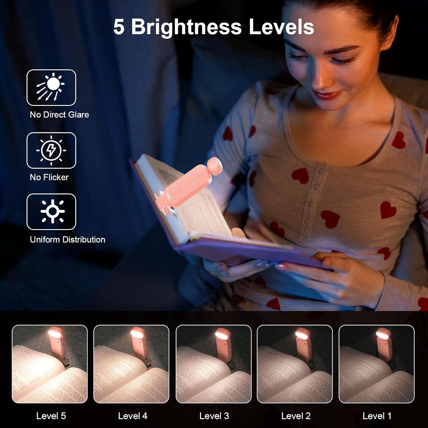 Gritin Luz de libro recargable para leer en la cama con función de memoria, mini portátil, cuidado de los ojos, 3 colores, brillo regulable, larga