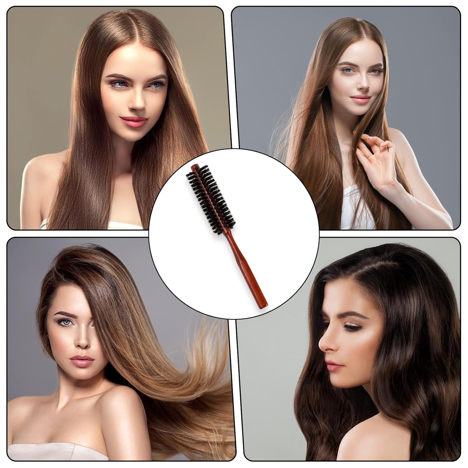 Cepillo de pelo redondo pequeño para cabello fino o corto, cepillo de pelo de cerdas de jabalí natural con mango de madera, mini cepillo