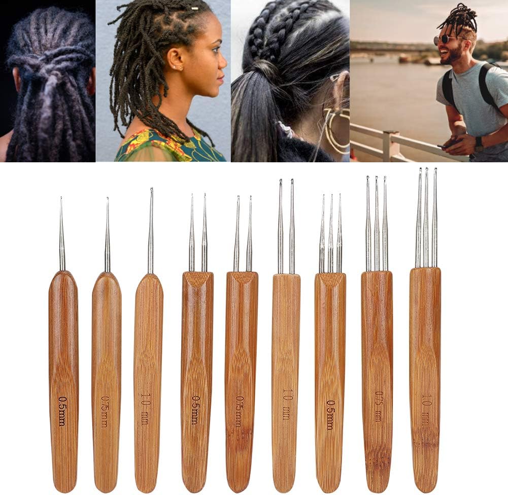 Juego de 9 ganchos de ganchillo para rastas, gancho de ganchillo de acero, mango de bambú para herramienta de tejido de cabello trenzado, artesanía