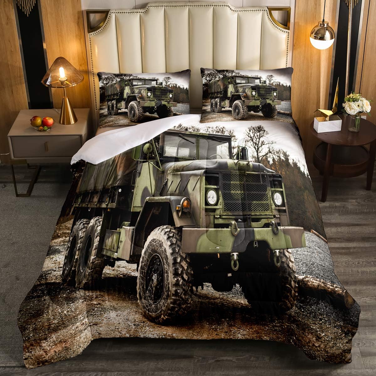 Juego de edredón de camión militar, edredón de camuflaje para niños y adolescentes, juego de ropa de cama de transporte de tropas militares, edredón