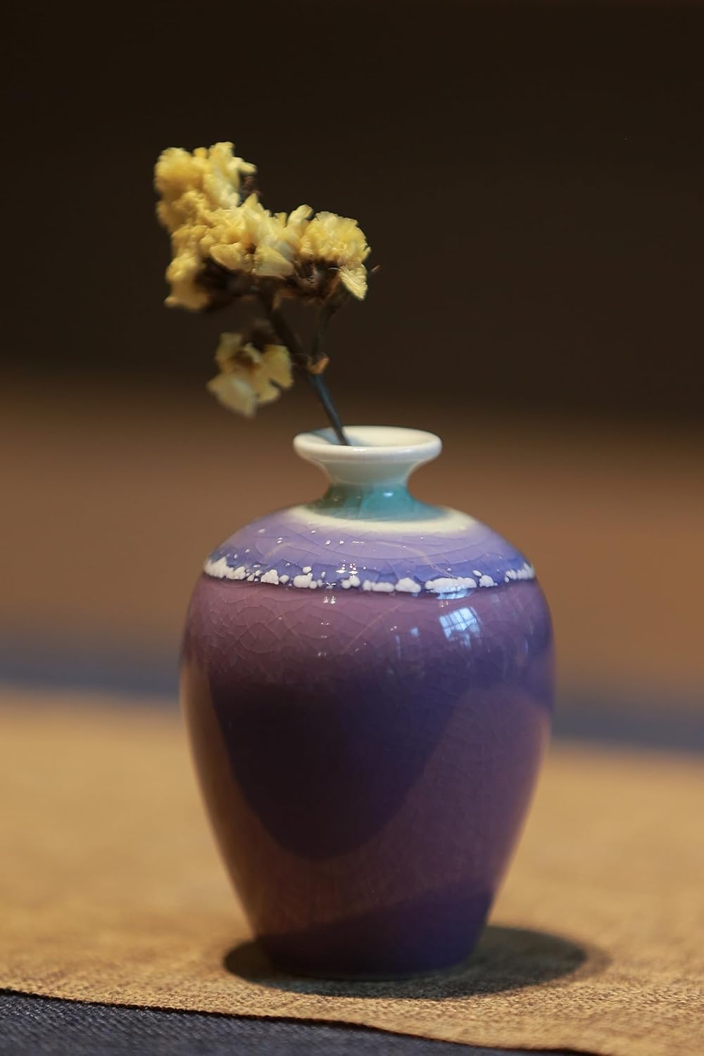 Juego de 2 mini jarrones de cerámica de porcelana esmaltada estilo morado (flor seca) para decoración del hogar y la oficina, sala de estar,