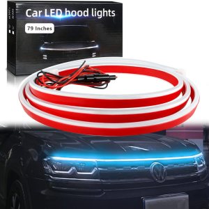 Tira de luz para capó de automóvil, 79 pulgadas, color azul hielo, tira de luces LED para capó, flexible, impermeable, escaneo dinámico DC12V, luces Tira de luz para capó de automóvil, 79 pulgadas, color azul hielo, tira de luces LED para capó, flexible, impermeable, escaneo dinámico DC12V, luces