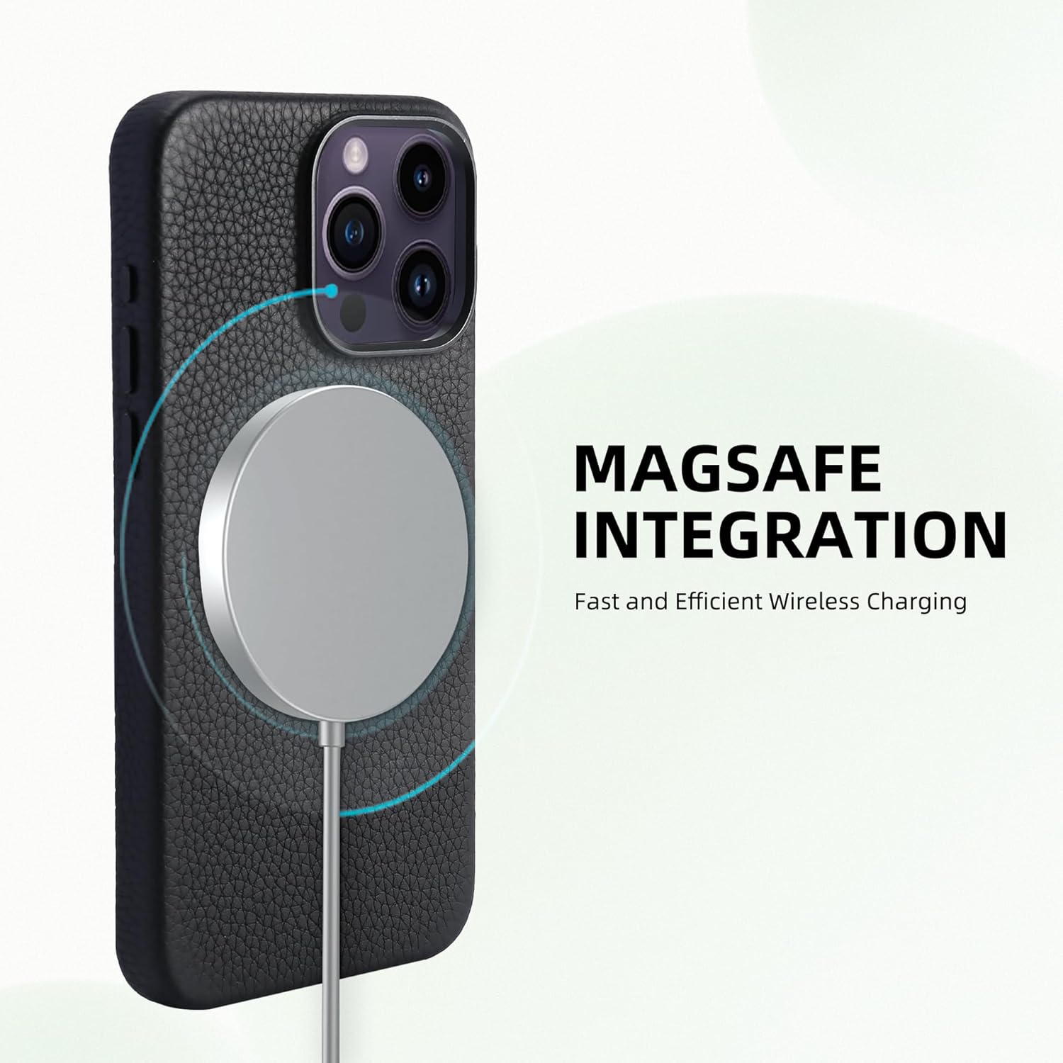 Funda de cuero genuino para iPhone 15 (6.1 pulgadas) Funda magnética de cuero de grano superior Litchi – Compatible con Magsafe – Negro