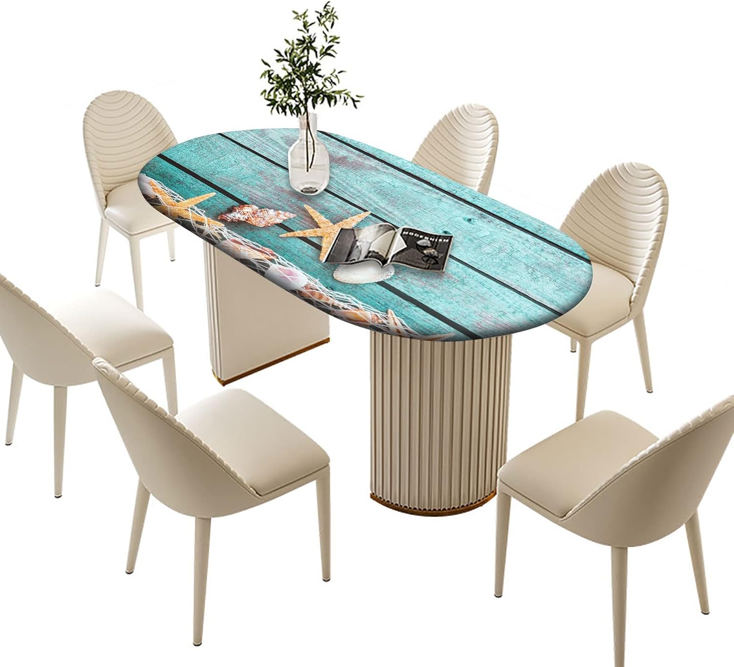 RenteriaDecor Mantel ajustable de grano de madera, ovalado, diseño de estrella de mar con conchas y borde elástico, manteles de poliéster para
