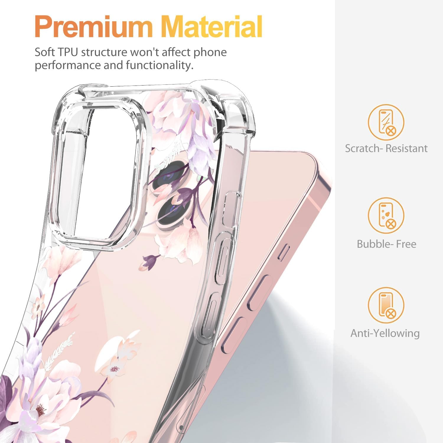 YOYORI Funda compatible con iPhone 15 con protector de pantalla, diseño de patrón de flores, funda transparente floral para mujer, a prueba de