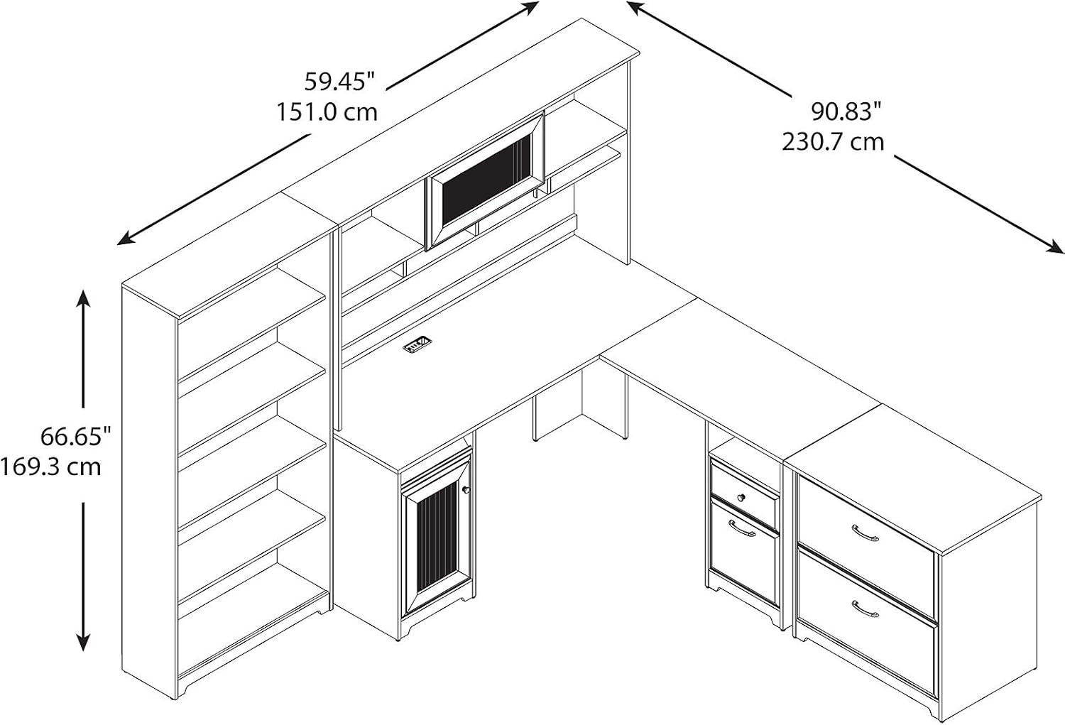Bush Furniture – Escritorio en forma de L con gabinete, estantería de 5 estantes y archivador lateral  Mesa esquinera para computadora con