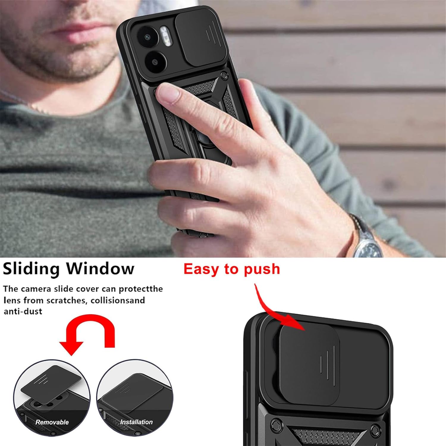 Ysnzaq Funda para Xiaomi Redmi A1 PlusRedmi A2 Plus, resistente a prueba de golpes lente protectora con soporte magnético para Xiaomi Redmi A2
