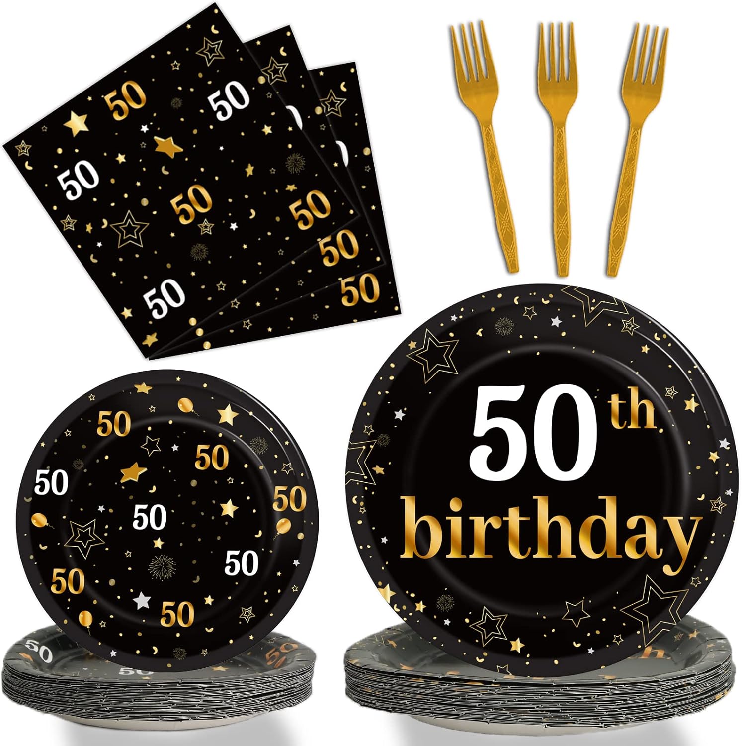 gisgfim 96 piezas de suministros para fiesta de cumpleaños número 50, platos de papel, servilletas doradas, tema de feliz cincuenta, decoraciones de