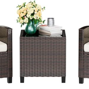 Vongrasig Juego de muebles de patio de 3 piezas pequeños de mimbre para exteriores, porche, bistró, juego de sillas de patio acolchadas con mesa de Vongrasig Juego de muebles de patio de 3 piezas pequeños de mimbre para exteriores, porche, bistró, juego de sillas de patio acolchadas con mesa de