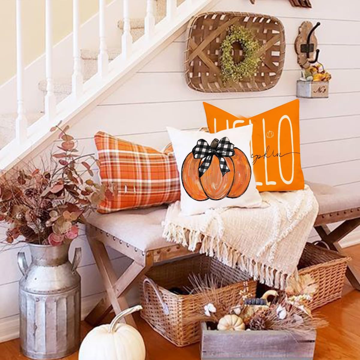Fundas de almohada de otoño de 18 x 18 pulgadas, juego de 4 fundas de almohada de calabaza y hojas de arce con texto en inglés “Hello Pumpkin Happy