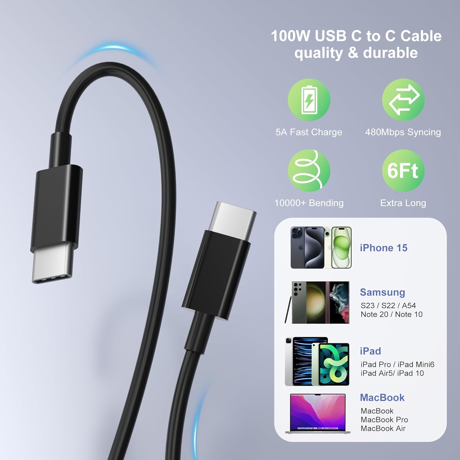 Cargador USB C de 165 W con cable USB C a C de 6 pies, Excgood GaN 6 puertos múltiples USB estación de carga rápida de 65 W tipo C, bloque de