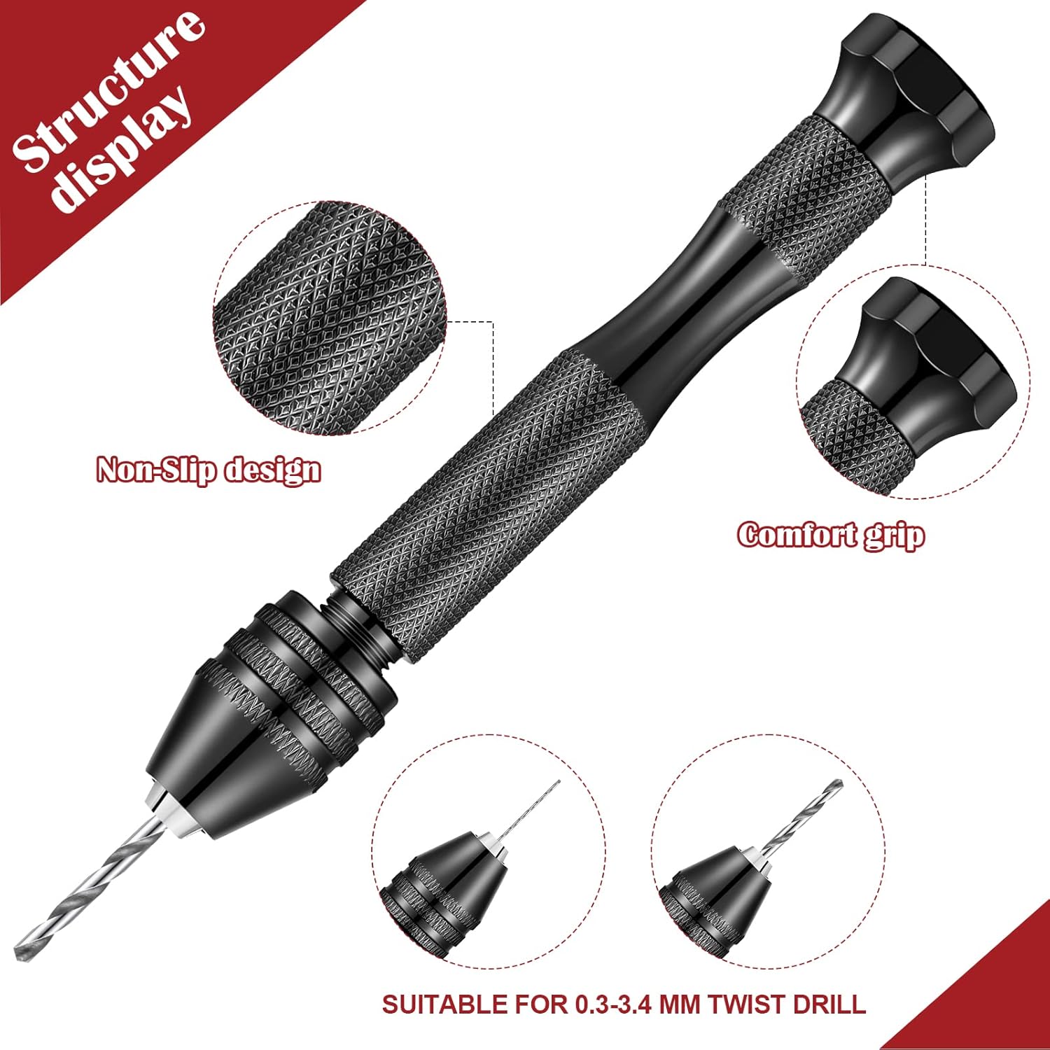 Juego de 95 brocas manuales, taladro de mano con tornillo de banco de pasador negro, 74 brocas micro torcidas y 20 piezas de mini brocas de PCB para