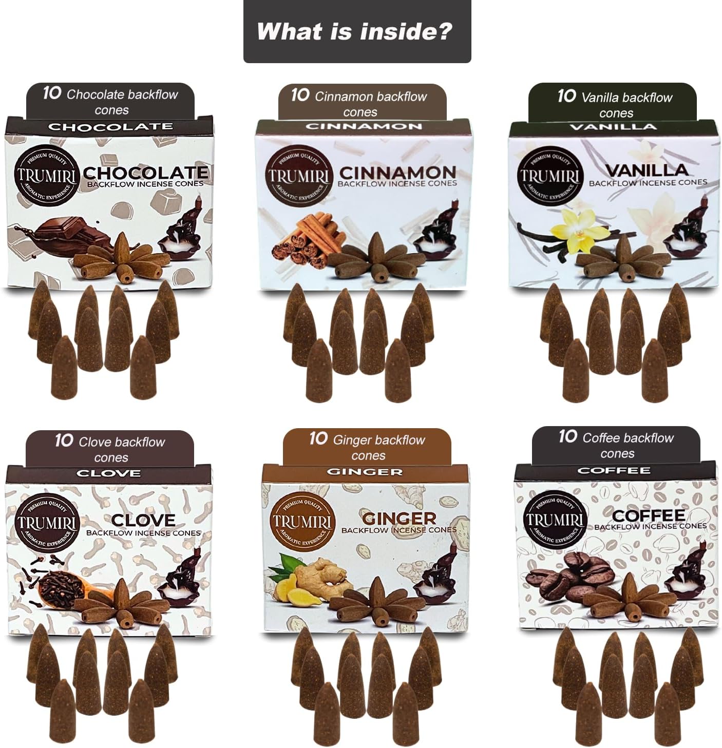 Trumiri Conos de incienso gourmet de reflujo  Paquete variado  Total 60 conos de incienso cascada (6 aromas x 10 conos)  Vainilla, canela, café,