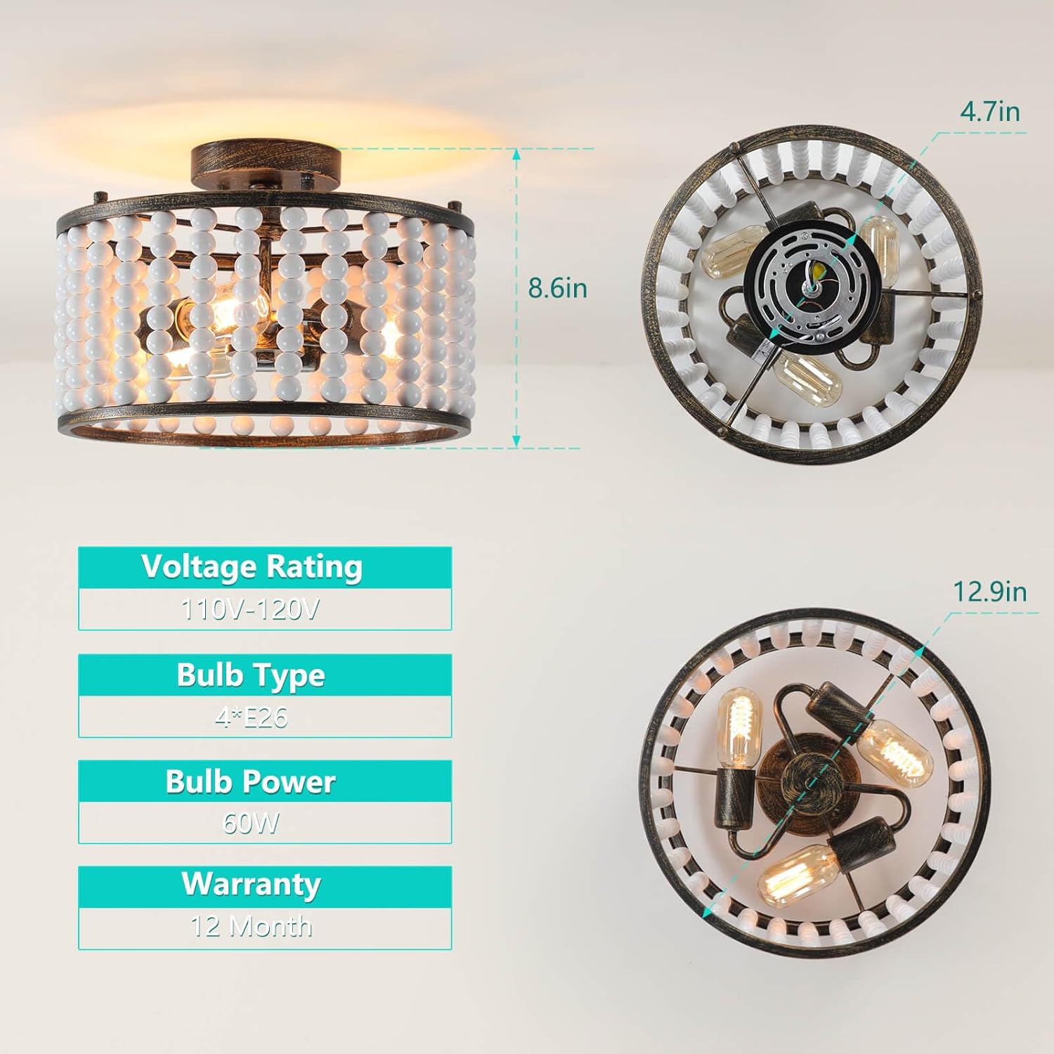 Lámpara de techo semiempotrada con cuentas de madera bohemia con acabado blanco rústico para dormitorio, cuarto de bebé, habitación de niñas,