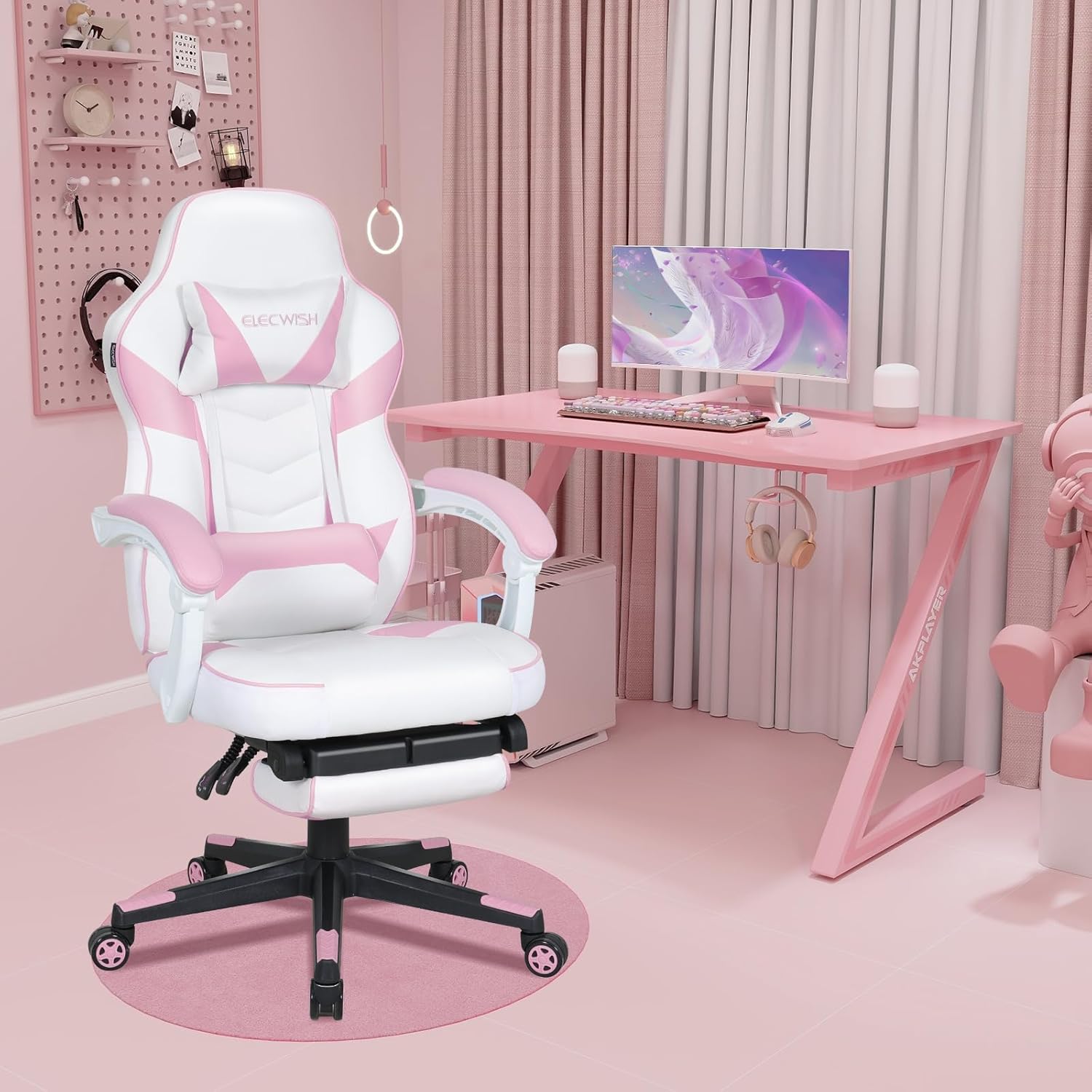 ELECWISH Silla de juegos rosa con masajeador, sillas de juegos de computadora con reposapiés para adultos, piel sintética, respaldo alto, estilo