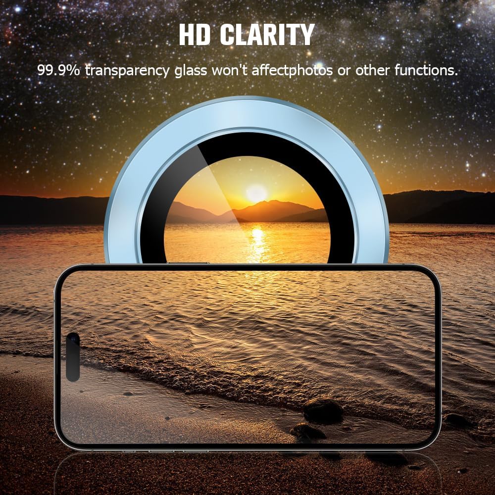 OUYTEU Paquete de 2 protectores de lente de cámara (azul) para iPhone 15 Pro y iPhone 15 Pro Max, cubierta de cámara de vidrio templado 9H, ultra
