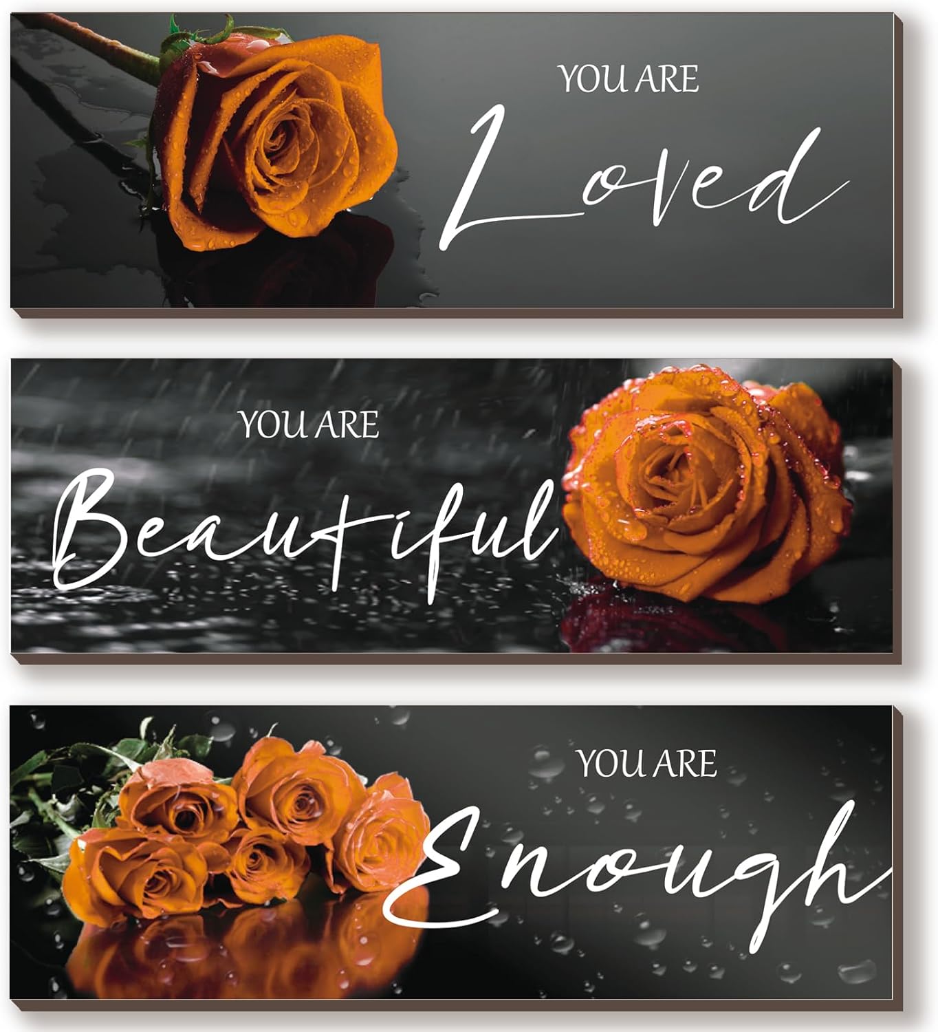 ZINYAZHE 3 piezas de decoración de pared naranja inspiradoras rosas naranjas decoración de baño, arte de pared de madera, citas positivas You Are