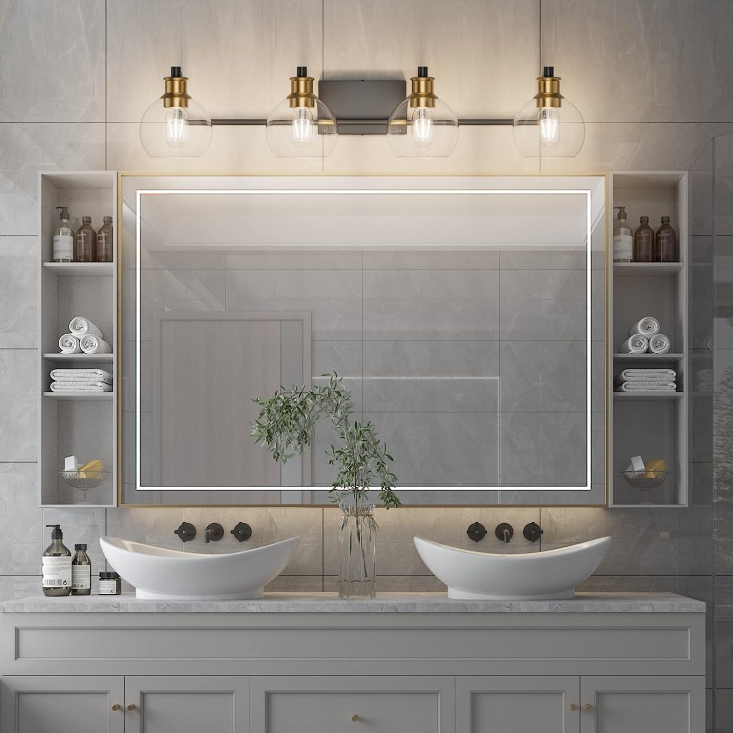 Tipace Lámparas industriales para tocador de baño, 4 luces, acabado vintage negro y dorado con globo de vidrio transparente, iluminación de baño de