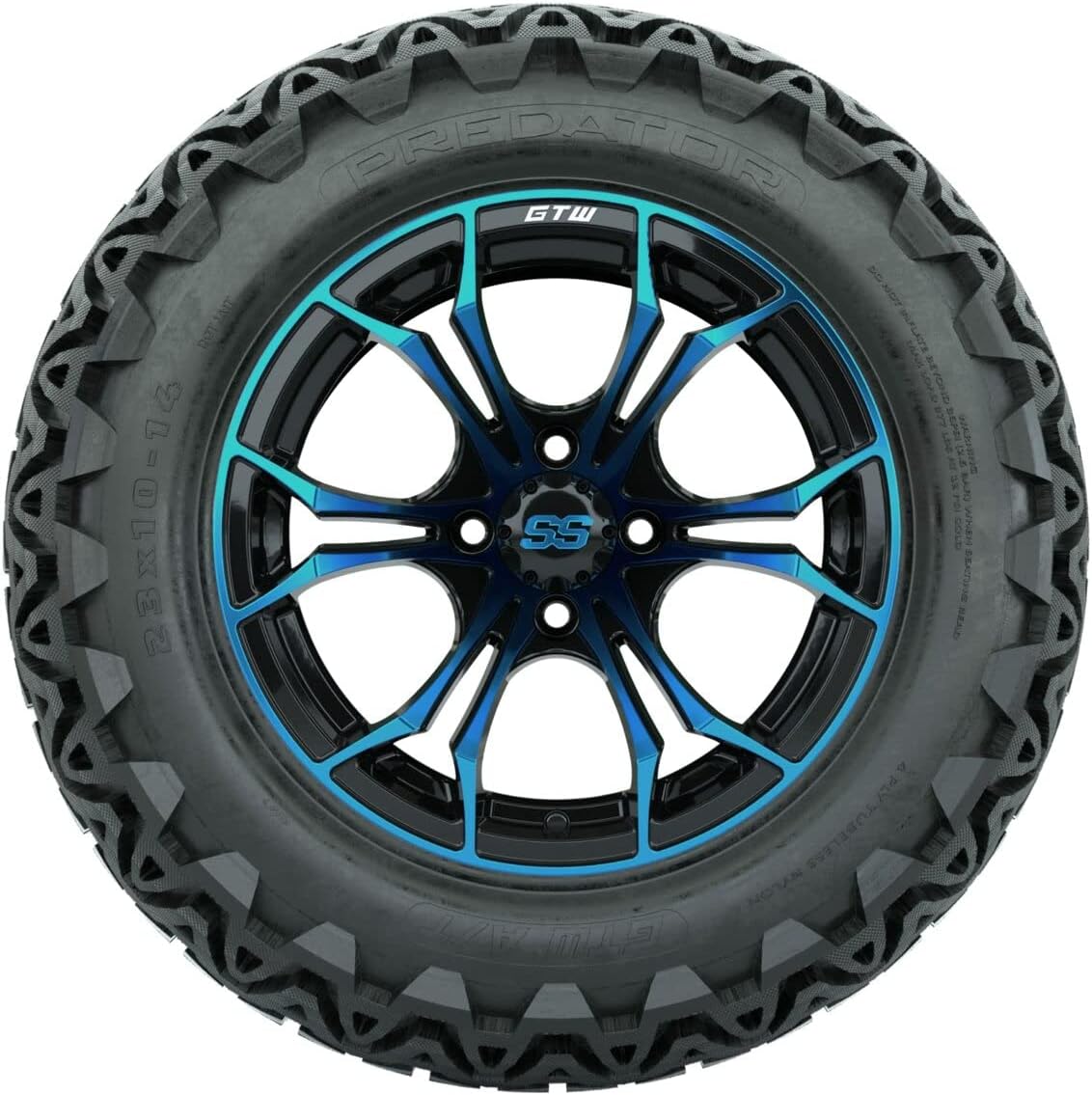 GTW Combo de ruedas y neumáticos para carrito de golf de 14 pulgadas, ruedas GTW Spyder azulnegro en neumáticos Predator todo terreno de 23 x 10-14