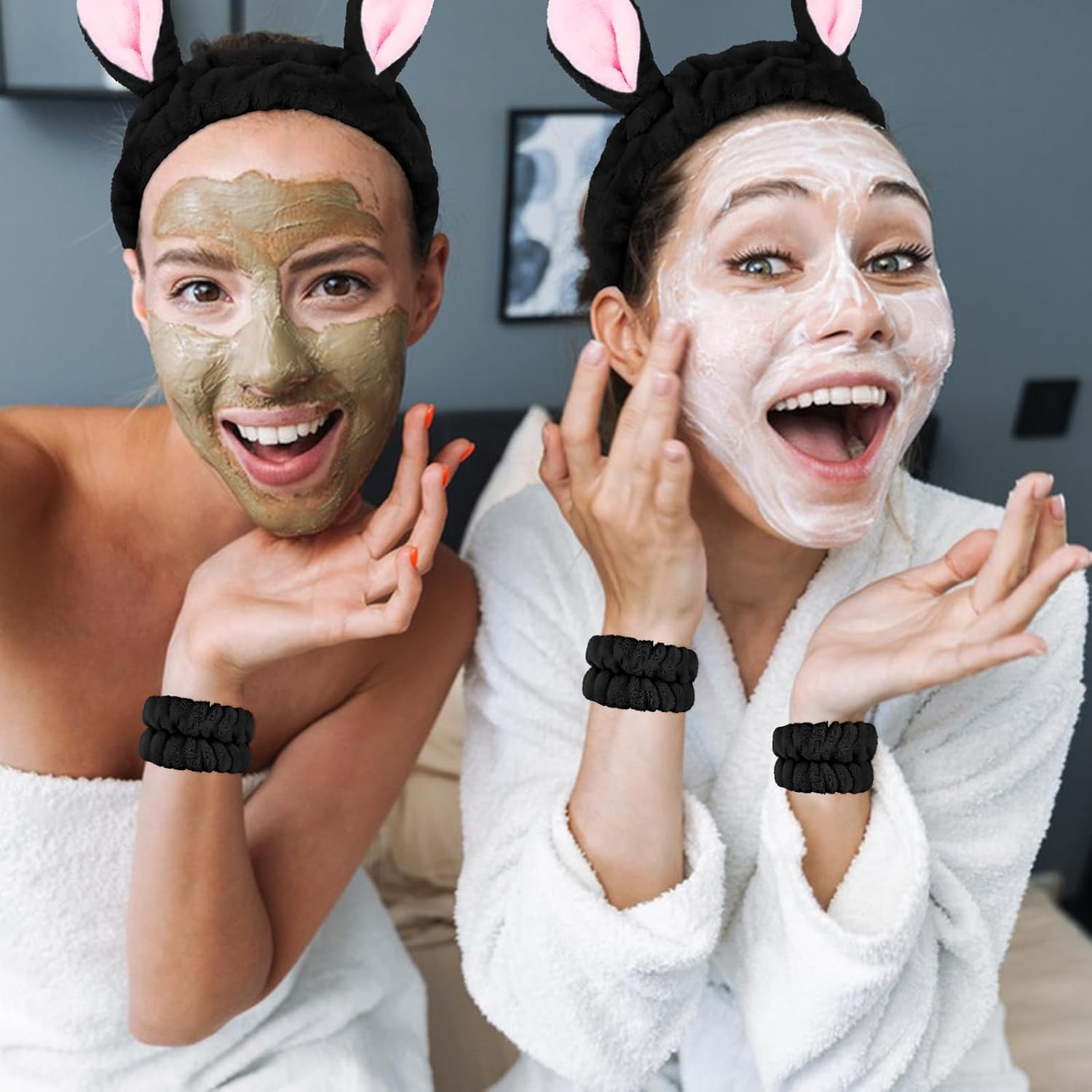 WHAVEL Juego de 3 diademas de spa y muñequeras, lindas diademas de orejas de conejo para lavar la cara, maquillaje, diadema facial, muñequeras para
