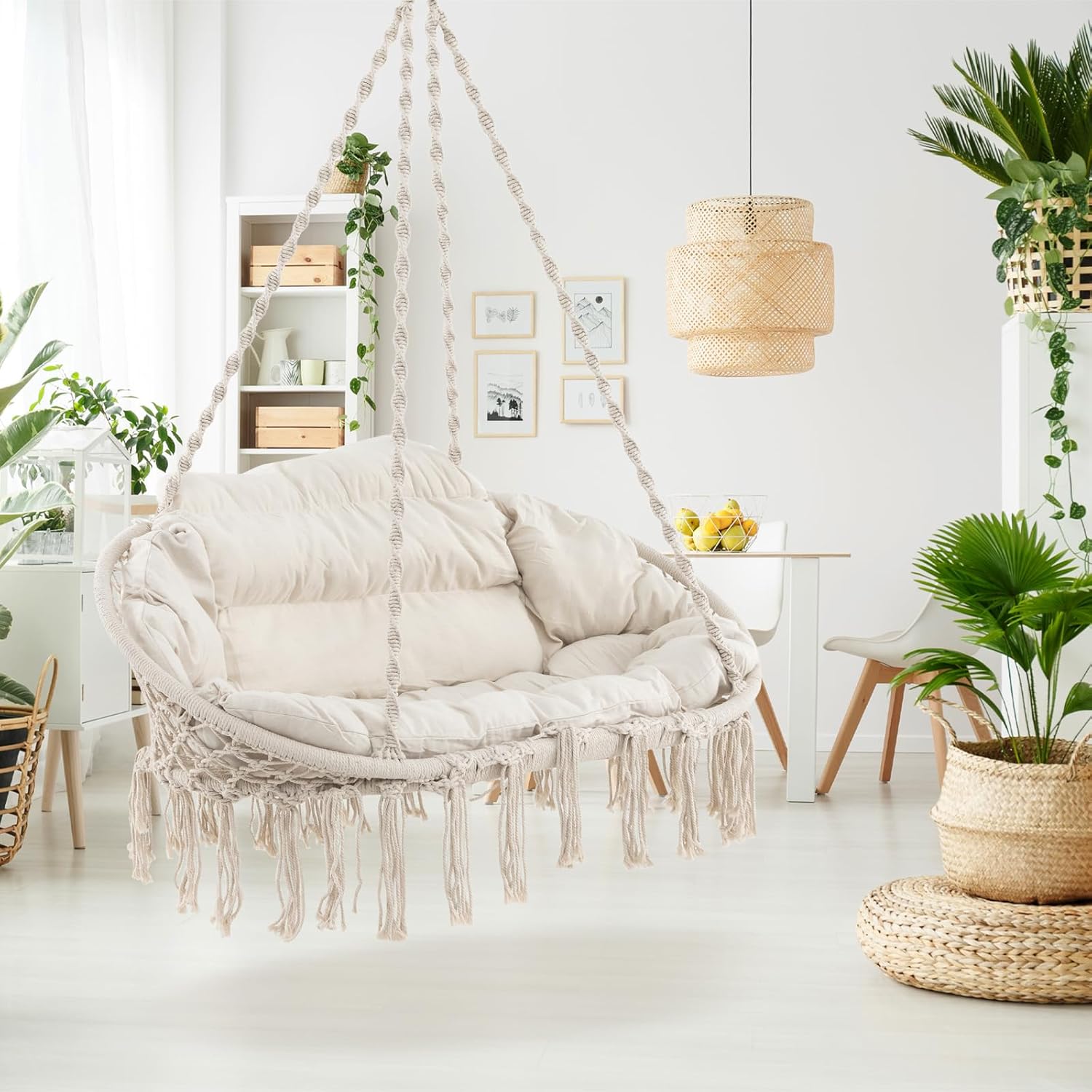 Tangkula 2-Person Hanging Hammock Chair, Boho Style Macrame Hammock Swing with Soft Cushions, Tassels, Indoor Outdoor Cotton Rope Hanging Swing