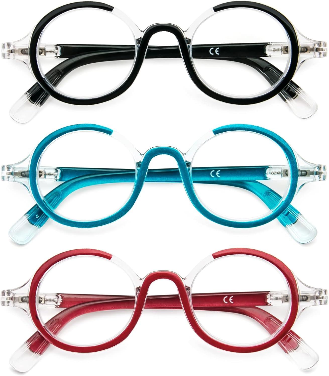 KoKoBin Paquete de 3 lentes de lectura redondos pequeños, cómodos lectores, marco elegante de colores para mujeres y hombres