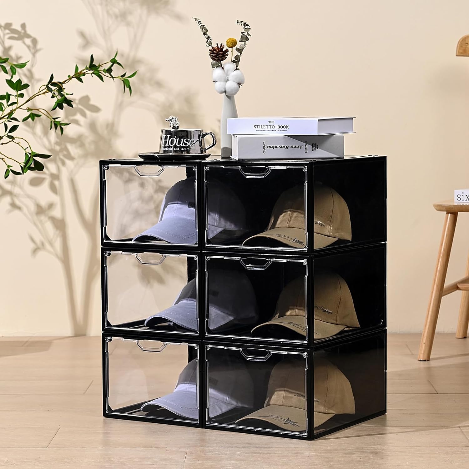 Organizador de sombreros para gorras de béisbol, paquete de 6 cajas de almacenamiento de sombreros de plástico transparente con puerta magnética,