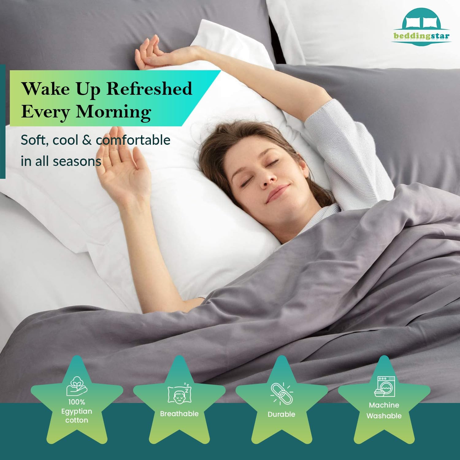 Beddingstar – Juego de 2 fundas de almohada 100% algodón egipcio de 600 hilos