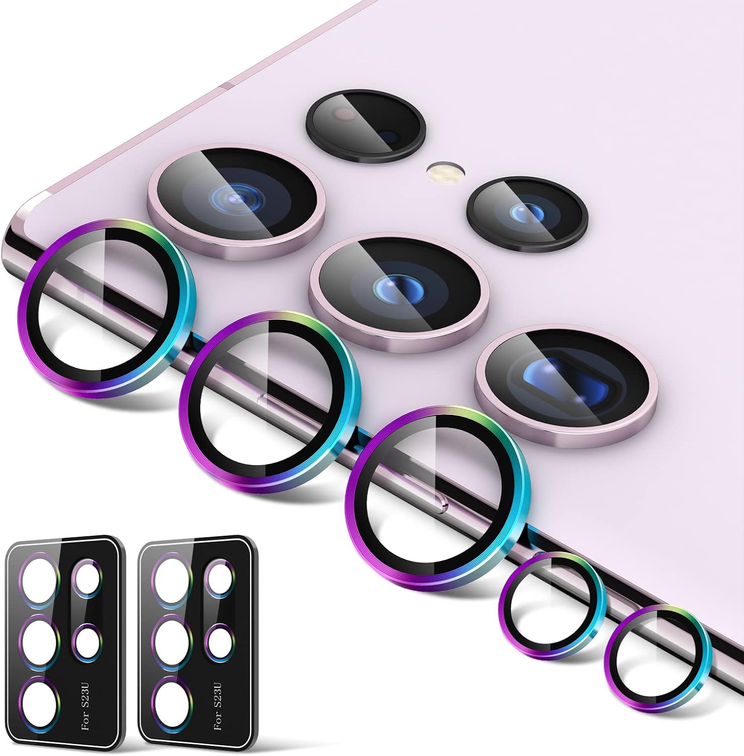 Paquete de 2 protectores de lente de cámara para Samsung Galaxy S23 Ultra, 9H, vidrio templado, accesorios de anillo individual, paquete de 2
