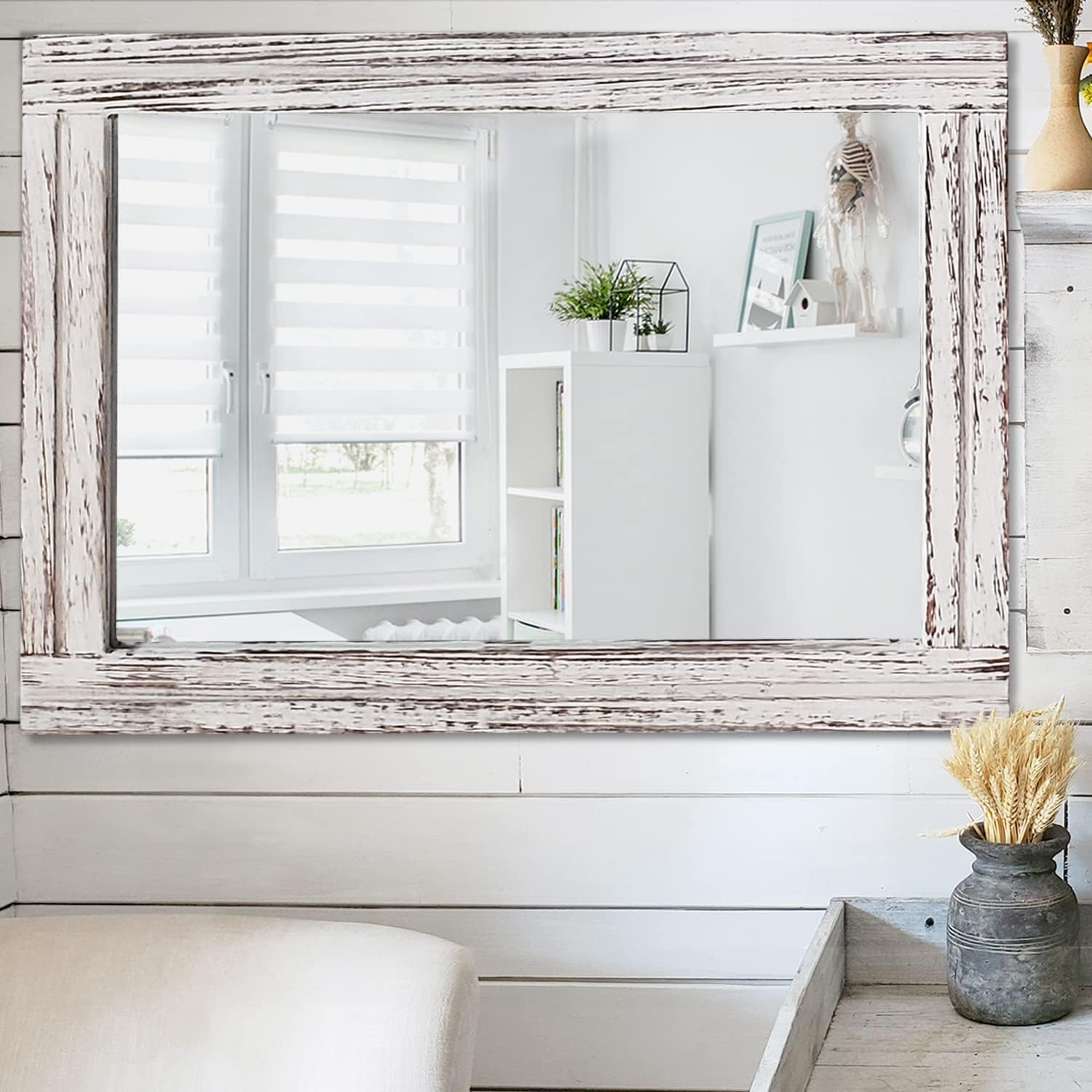 AAZZKANG Espejo de pared grande de madera rústica, 28 x 20 pulgadas, rectangular, decorativo, granja, dormitorio, baño, decoración de pared del hogar