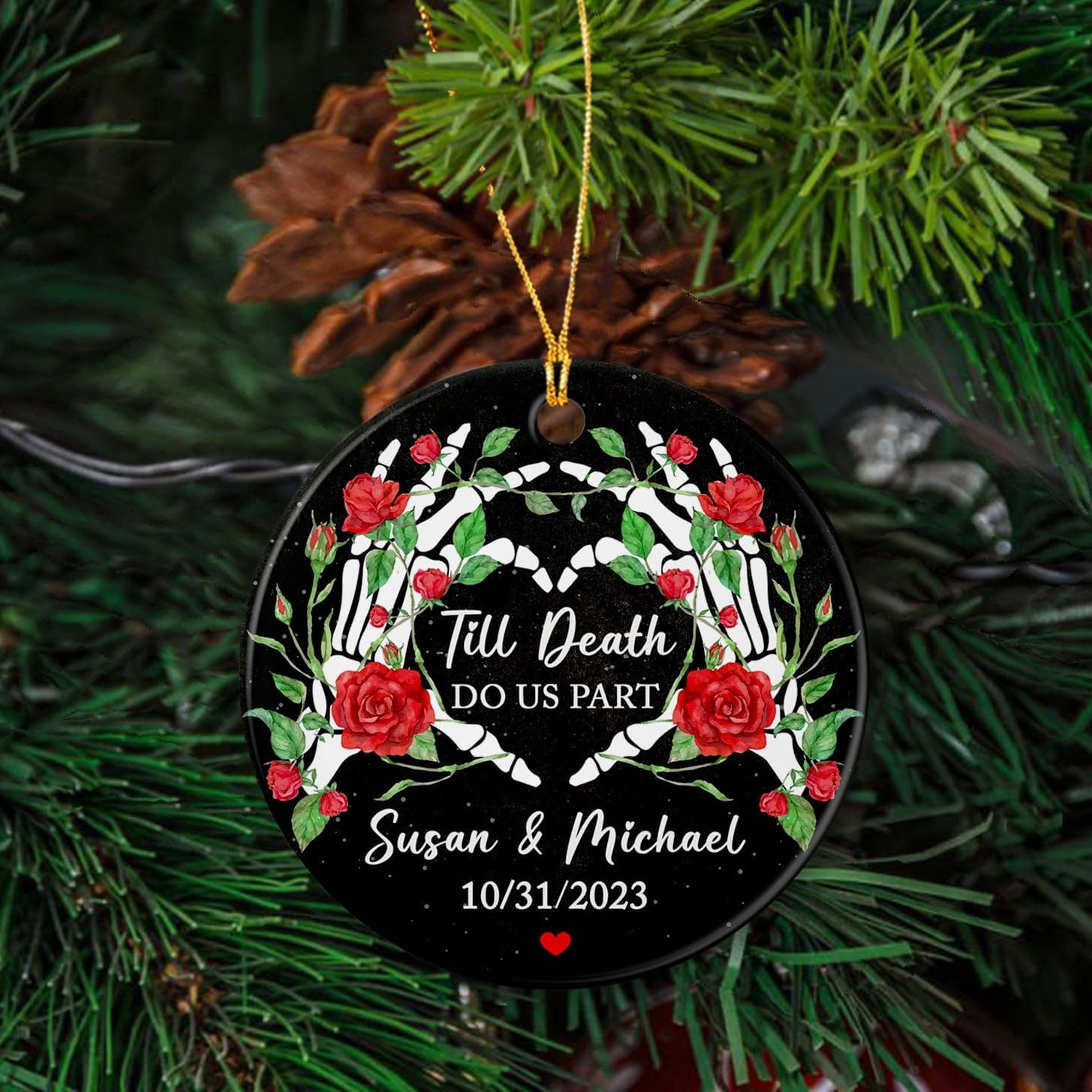 Adorno de cerámica de Navidad para parejas, esposo, esposa, adorno de Navidad Till Death Do Us Part, adorno de Navidad de esqueleto gótico, adorno