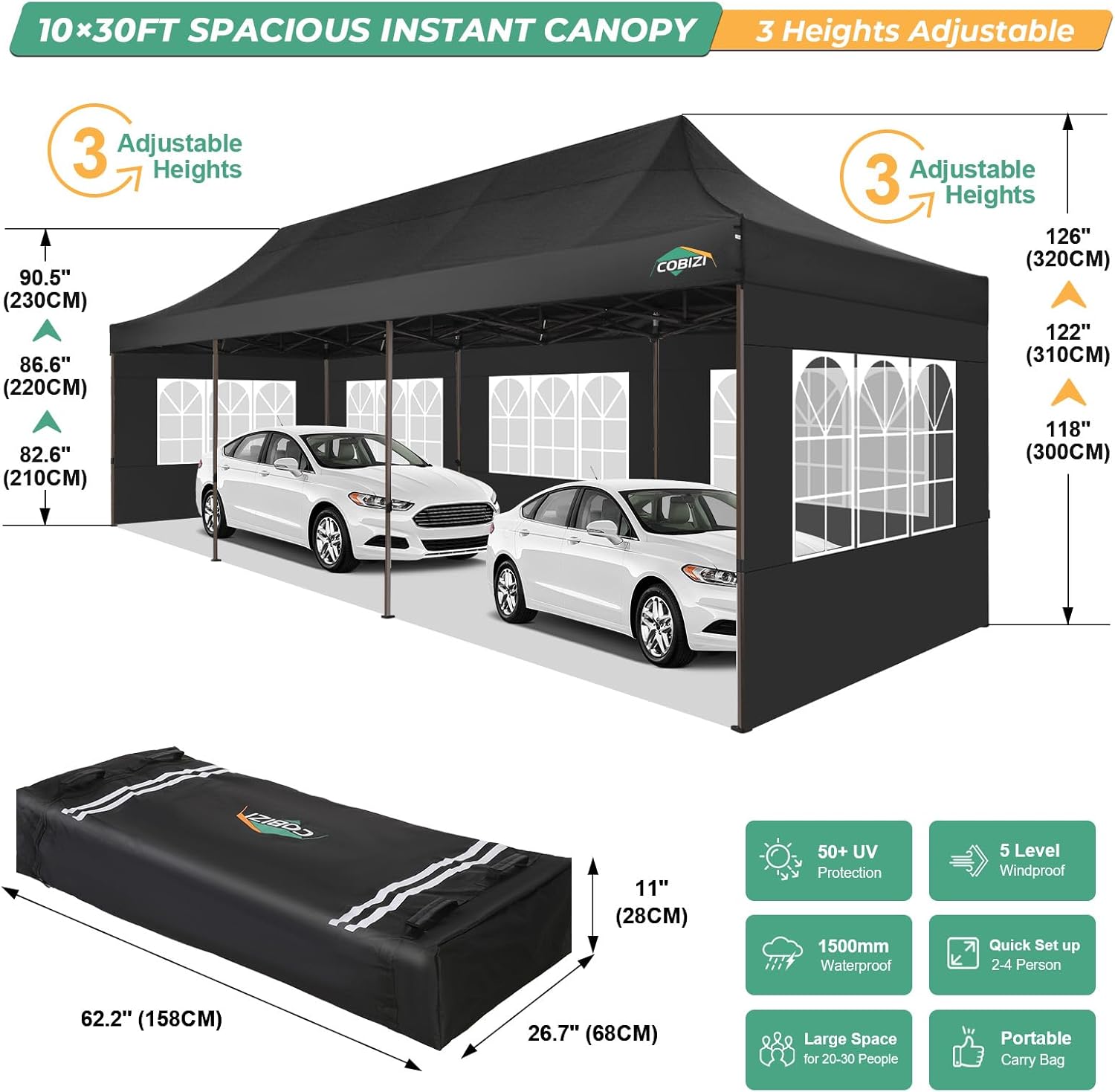 COBIZI Tienda de campaña resistente de 10 x 30 pulgadas, toldo comercial desplegable de 10 x 30 pulgadas para fiestas, kioscos impermeables con 8