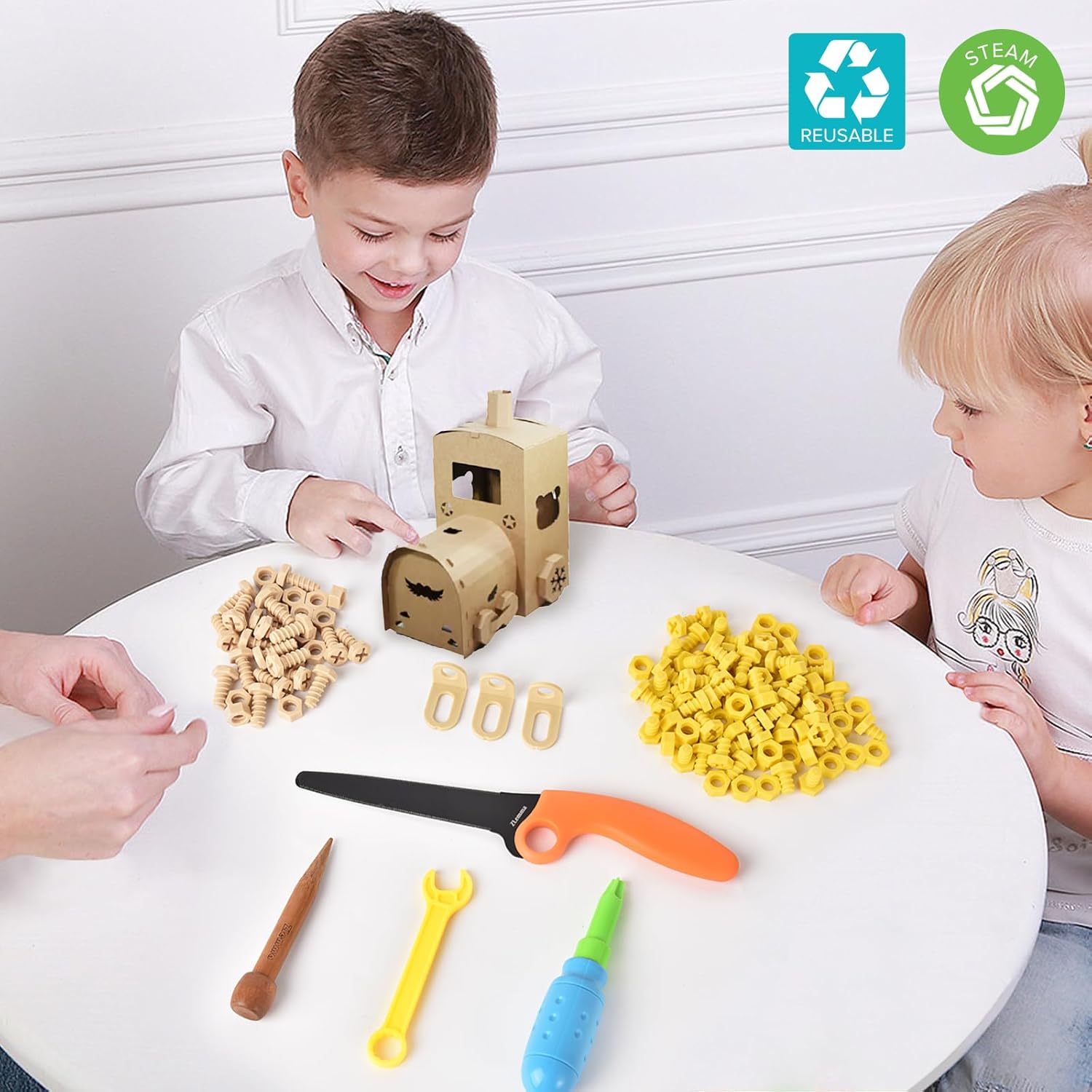 ZLemma Kit de herramientas de construcción de cartón, 163 piezas, juguetes educativos para jugar en casa + aprendizaje en el aula  Herramientas de