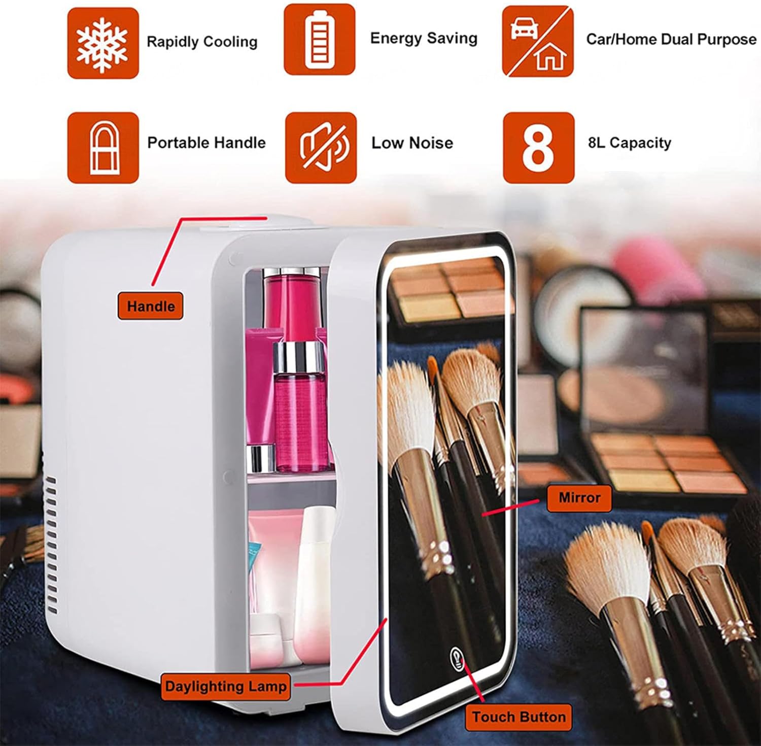 Mini refrigerador con luces LED, con espejo LED, capacidad de 8 litros, lindo mini refrigerador para el cuidado de la piel, caliente y frío, mini