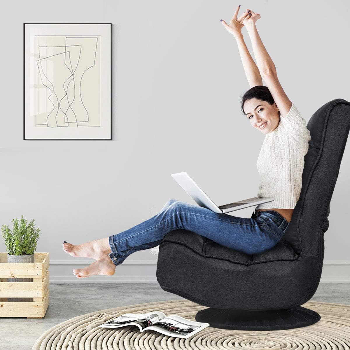 Giantex Silla giratoria de 360 grados, silla plegable para juegos de piso con 6 posiciones ajustables, sofá perezoso con soporte trasero copetudo,