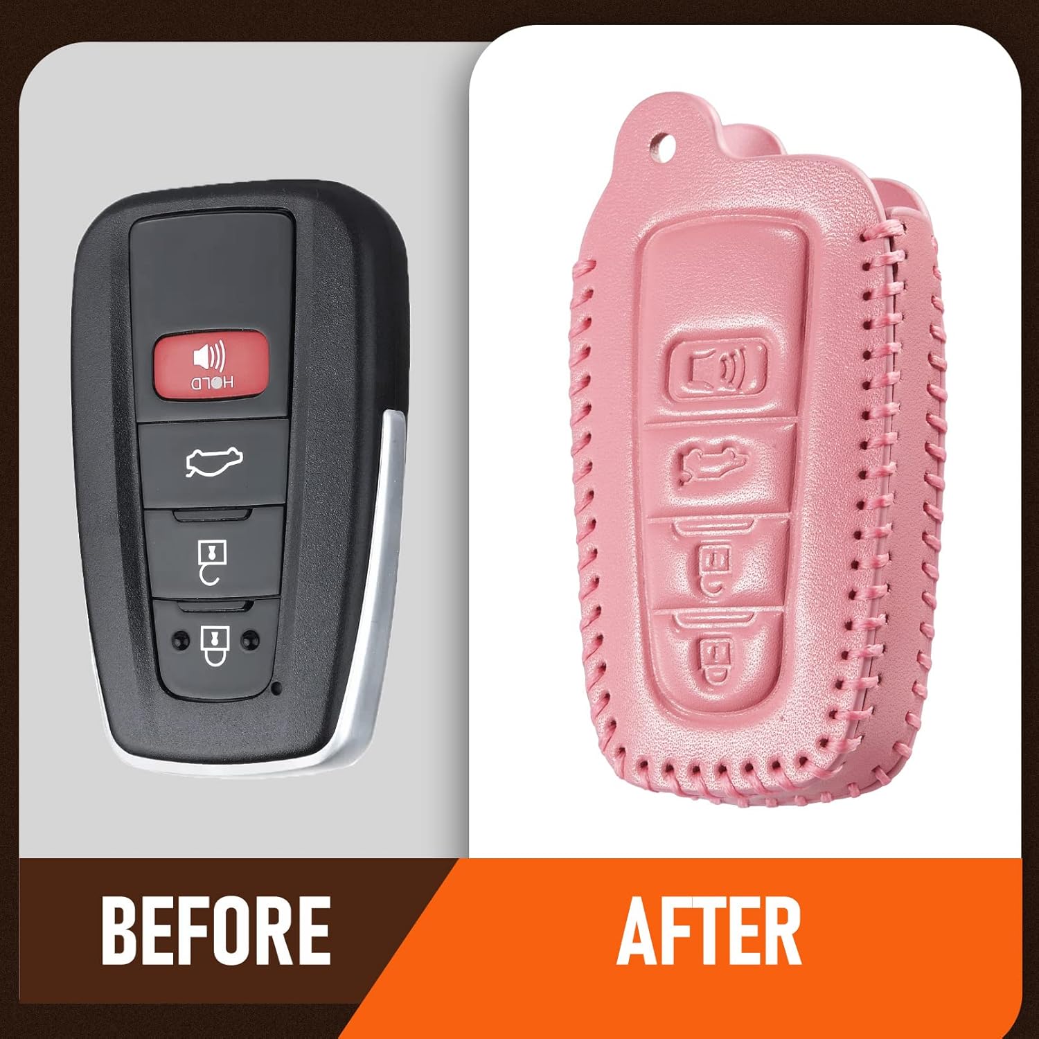 Slohif Funda de cuero para llavero de Toyota para Camry 4 botones, funda de cuero+anillo en D+gancho Futi, Rosado