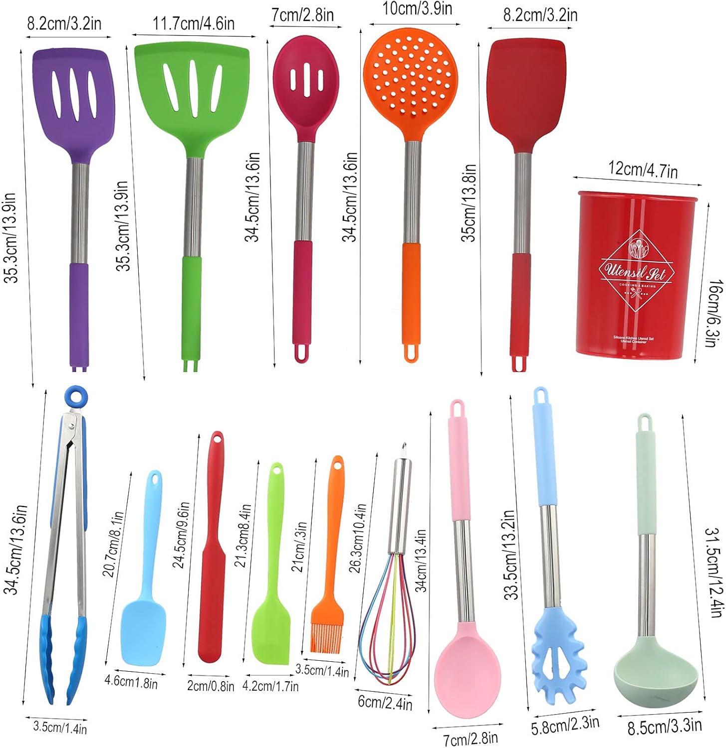 Juego de utensilios de cocina de silicona de 15 piezas con mango de acero inoxidable resistente al calor con soporte para cocinar utensilios de