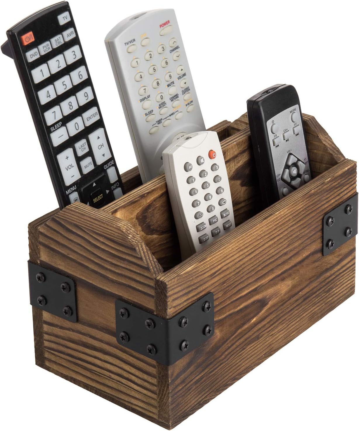 MyGift Organizador rústico de madera quemada para TV, organizador de almacenamiento para mesa con 2 compartimentos y detalles decorativos de metal