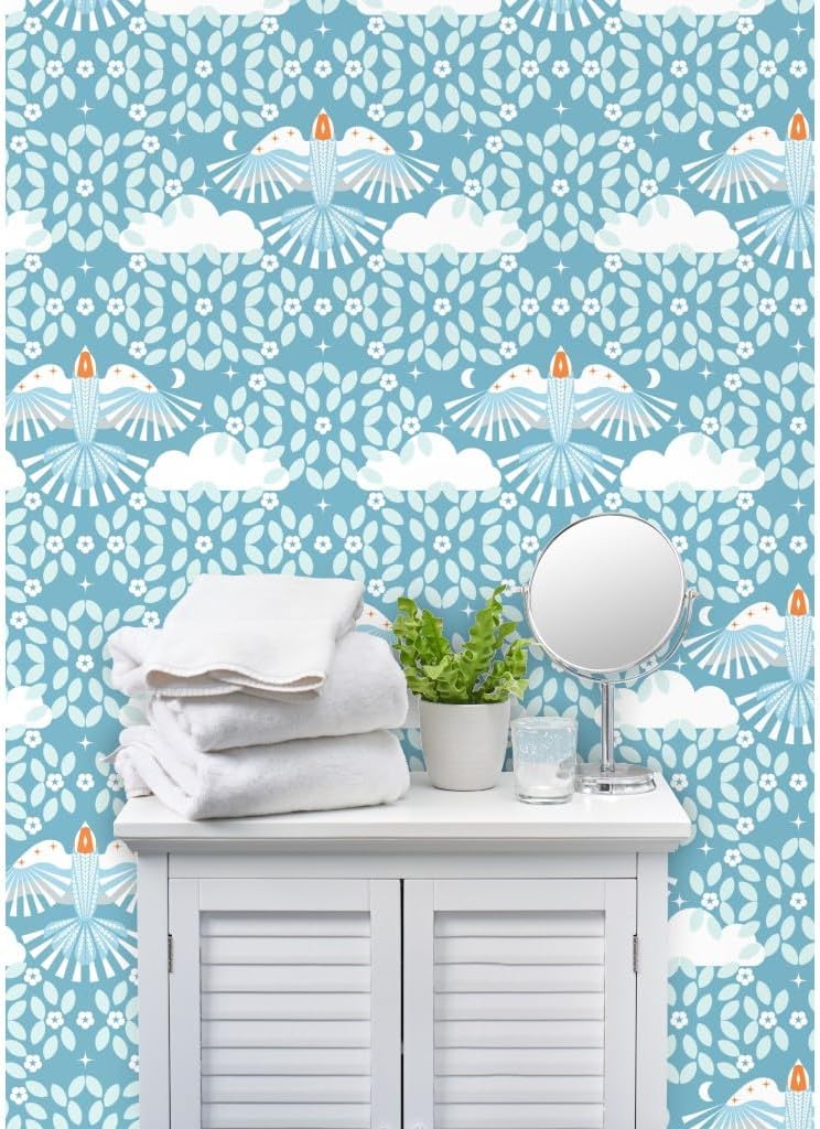 Spoonflower Commercial Grade Wallpaper Swatch – Blue Sky Folk Art Orange Aqua Maximalist Magic Lucid Dreaming Scandi Scandinavian Mystical Large