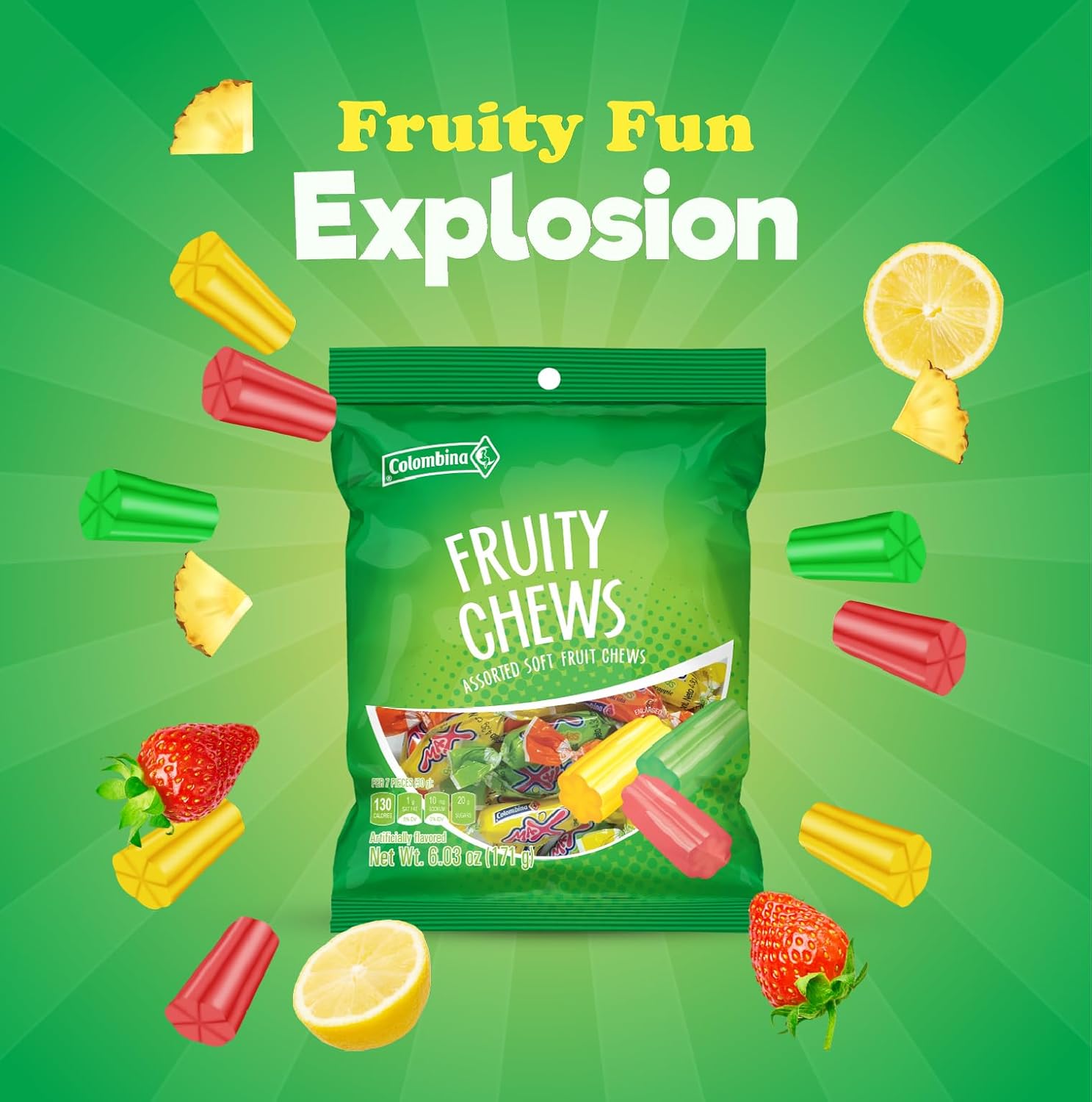 Colombina Fruity Chews  Surtido de dulces masticables de frutas suaves  Sabores de naranja, uva, fresa, piña y manzana verde  Platos de dulces