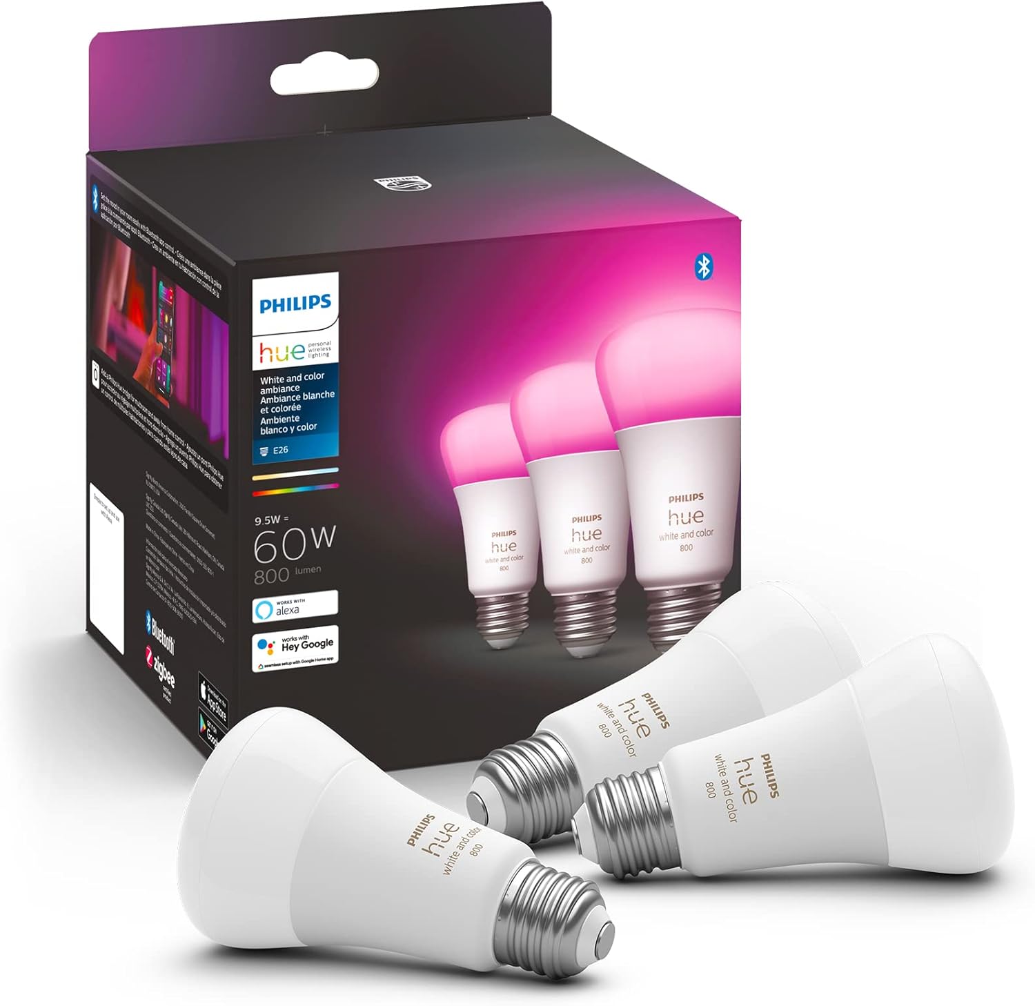 Philips Hue Kit de iniciación de luz inteligente White and Color Ambiance, incluye (2) bombillas inteligentes A19 de 60 W con puente Hue y bombilla