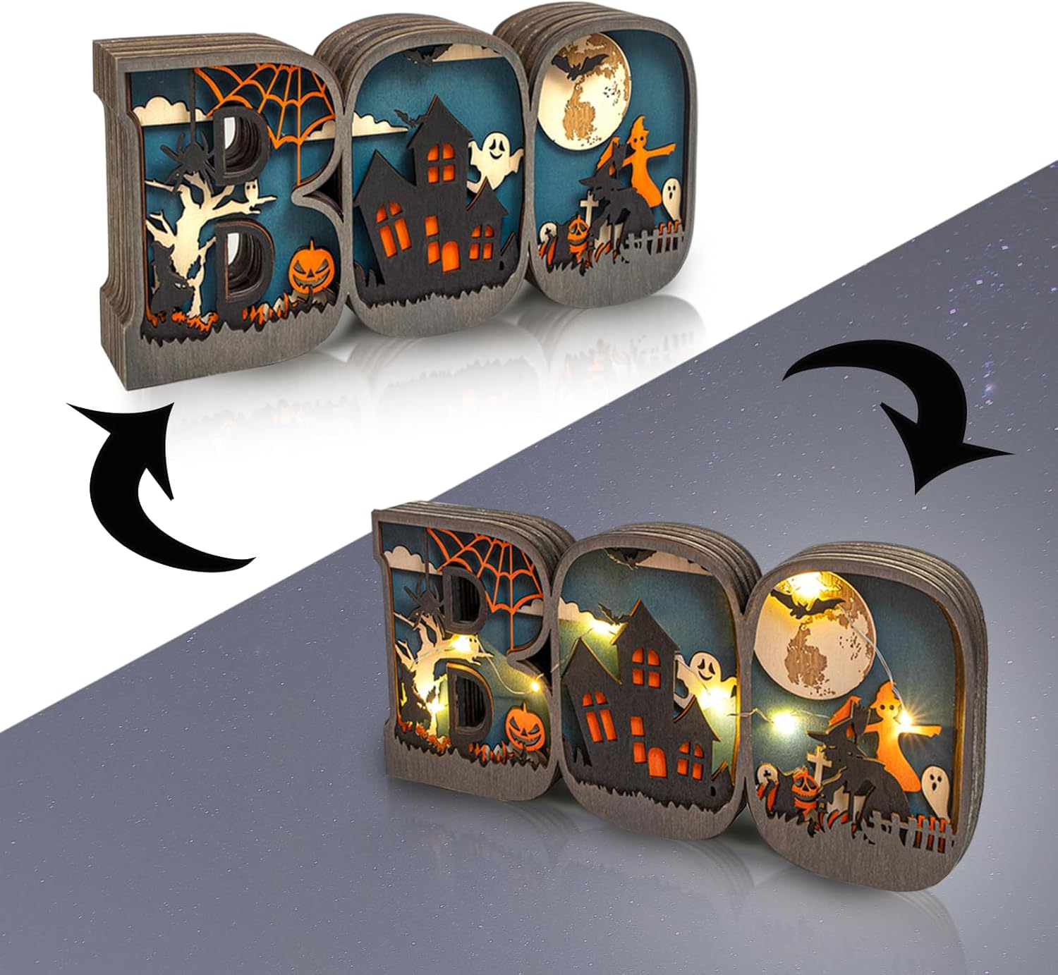 Letrero de madera para Halloween, adornos de madera tallada con luces LED, lámpara decorativa de madera para decoración de fiesta de mesa
