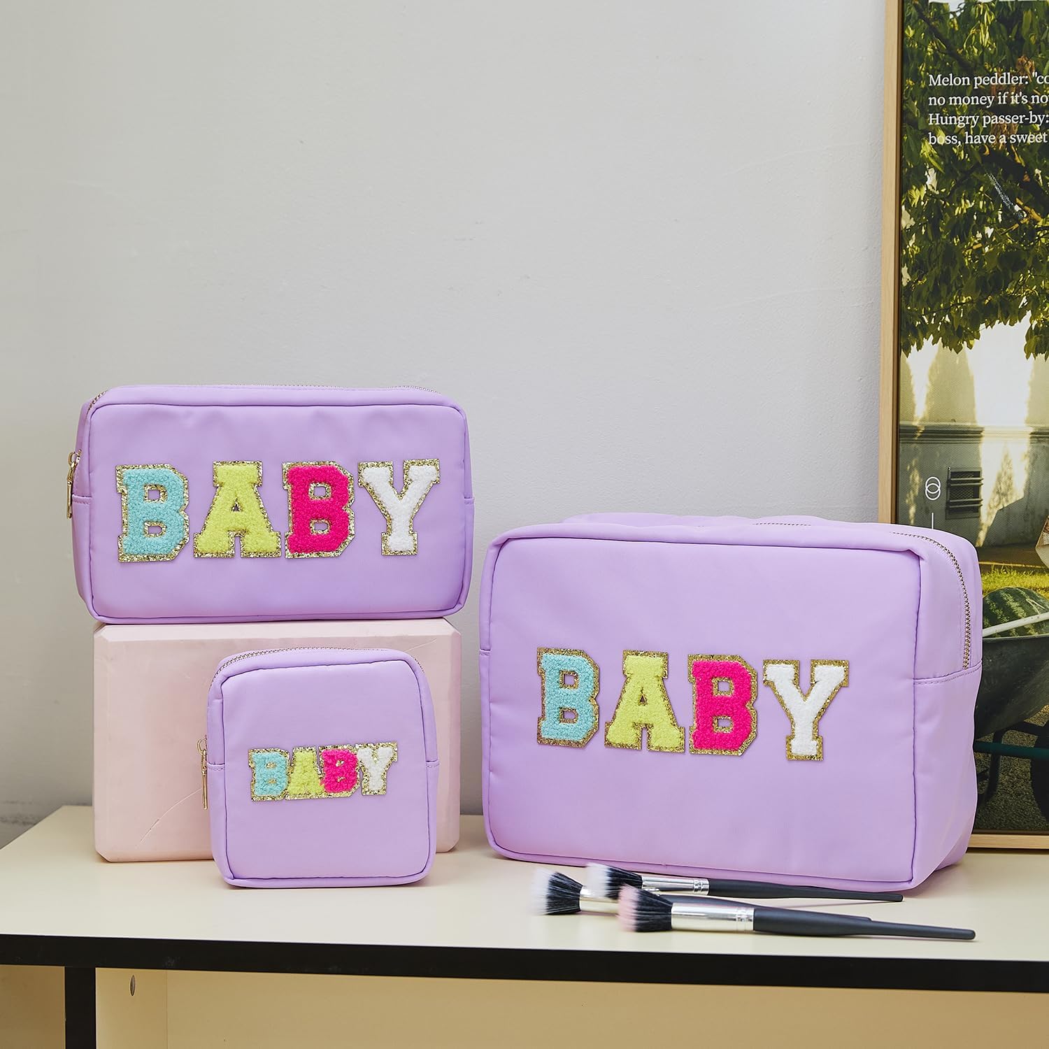 Preppy Patch – Bolsas de maquillaje con letras con purpurina, bolsa de cosméticos de viaje, bolsa de nailon impermeable para mujeres y niñas,