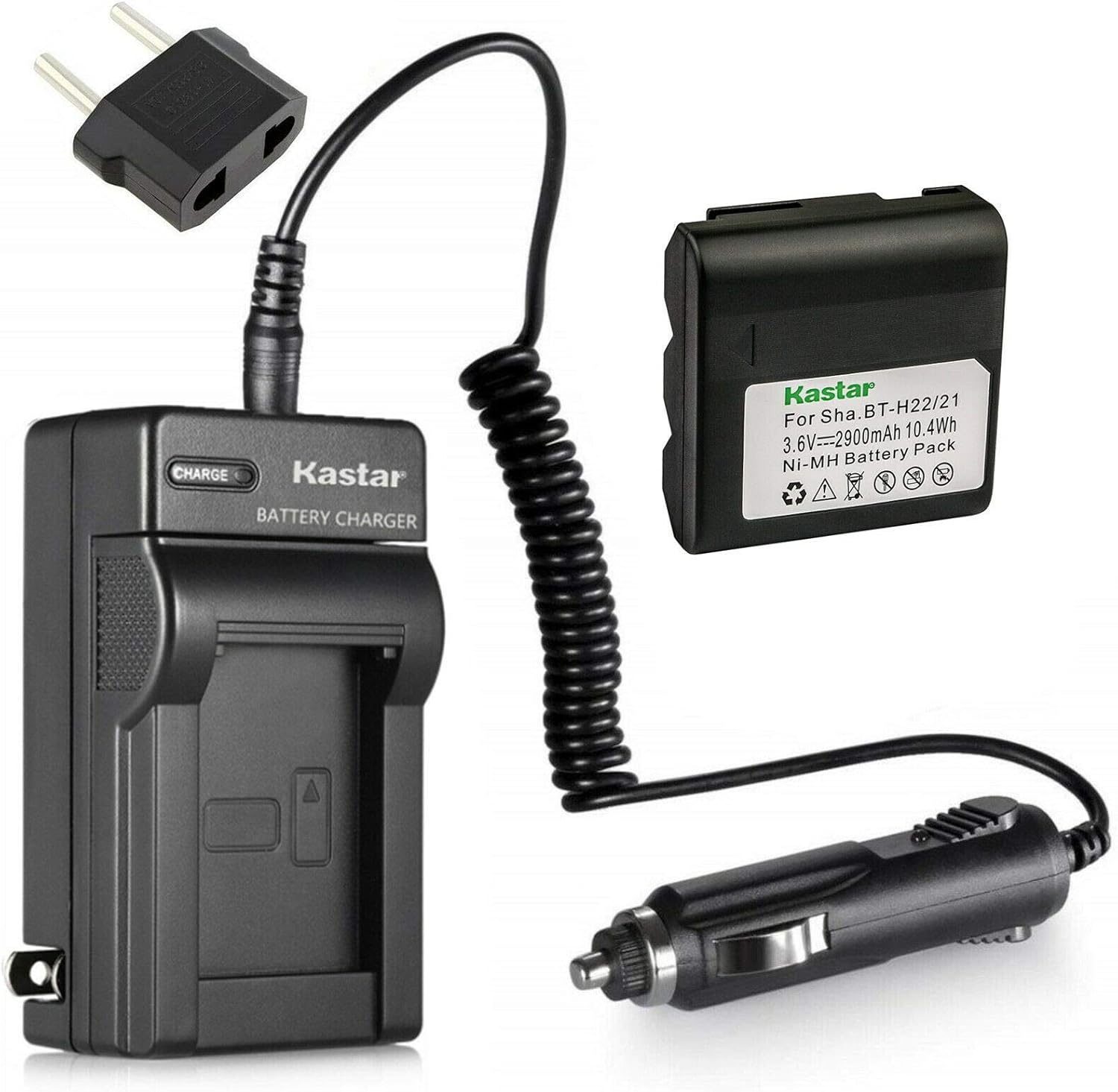 Kastar Paquete de 1 batería y cargador de CA con adaptador de automóvil compatible con Sharp VL-E34U, VL-E37, VL-E37H, VL-E37S, VL-E37U, VL-E39S,