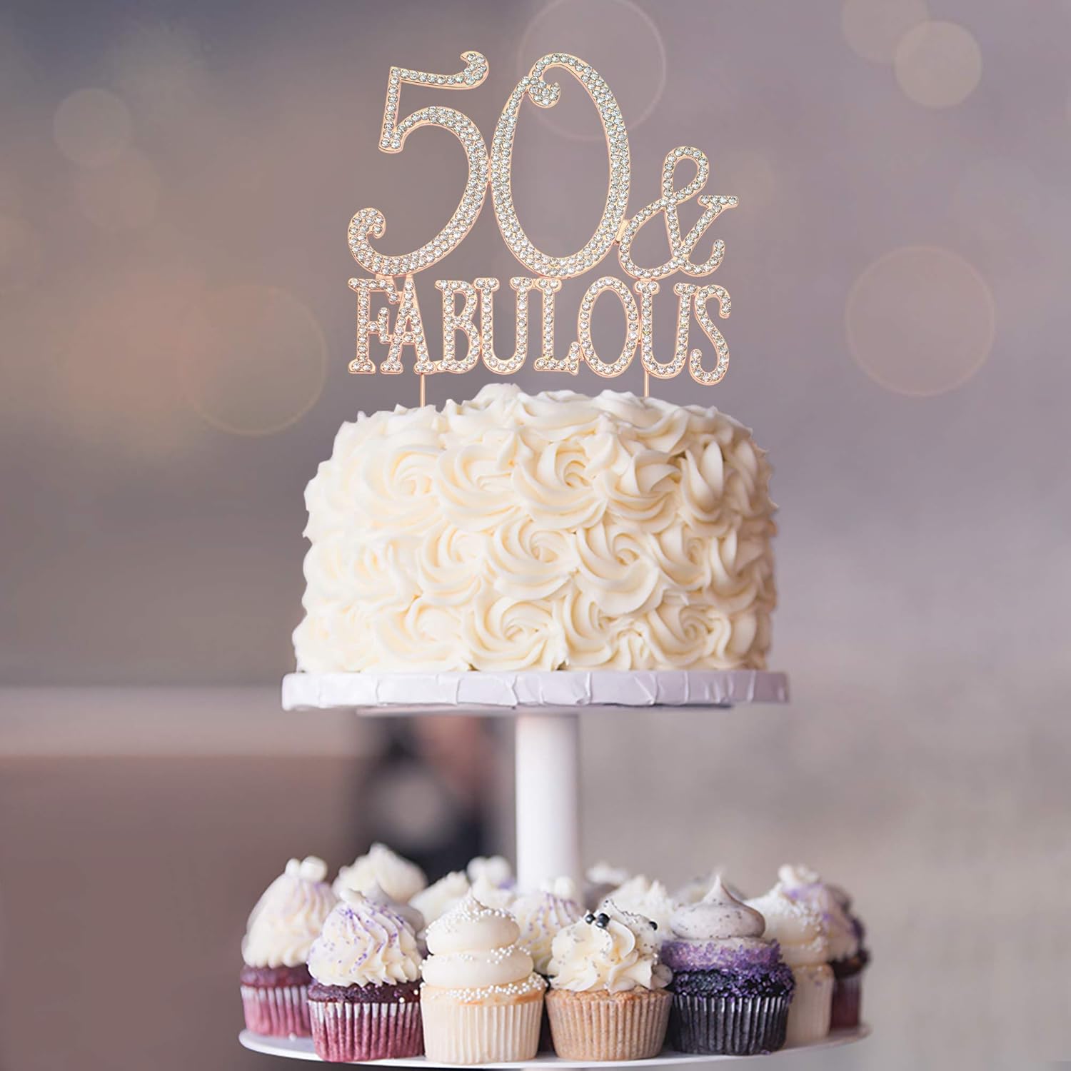 Decoración de 50 tartas  Metal de oro rosa de alta calidad  50 y fabuloso  Decoración brillante de diamantes de imitación para fiesta de cumpleaños
